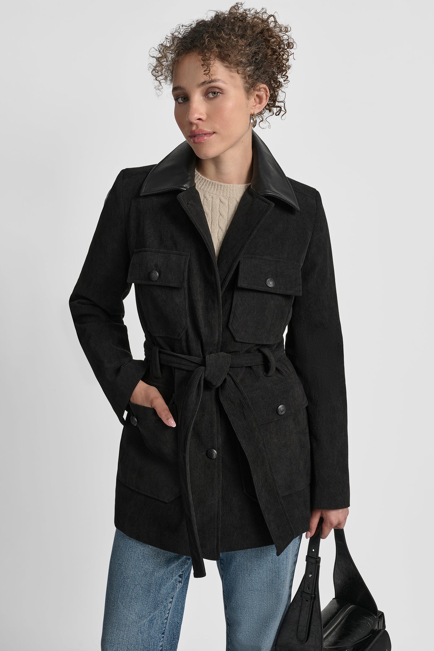 Black TIE WAIST CORDUROY JACKET WITH FAUX COLLAR, VIEW 1 | 9-5 Edit