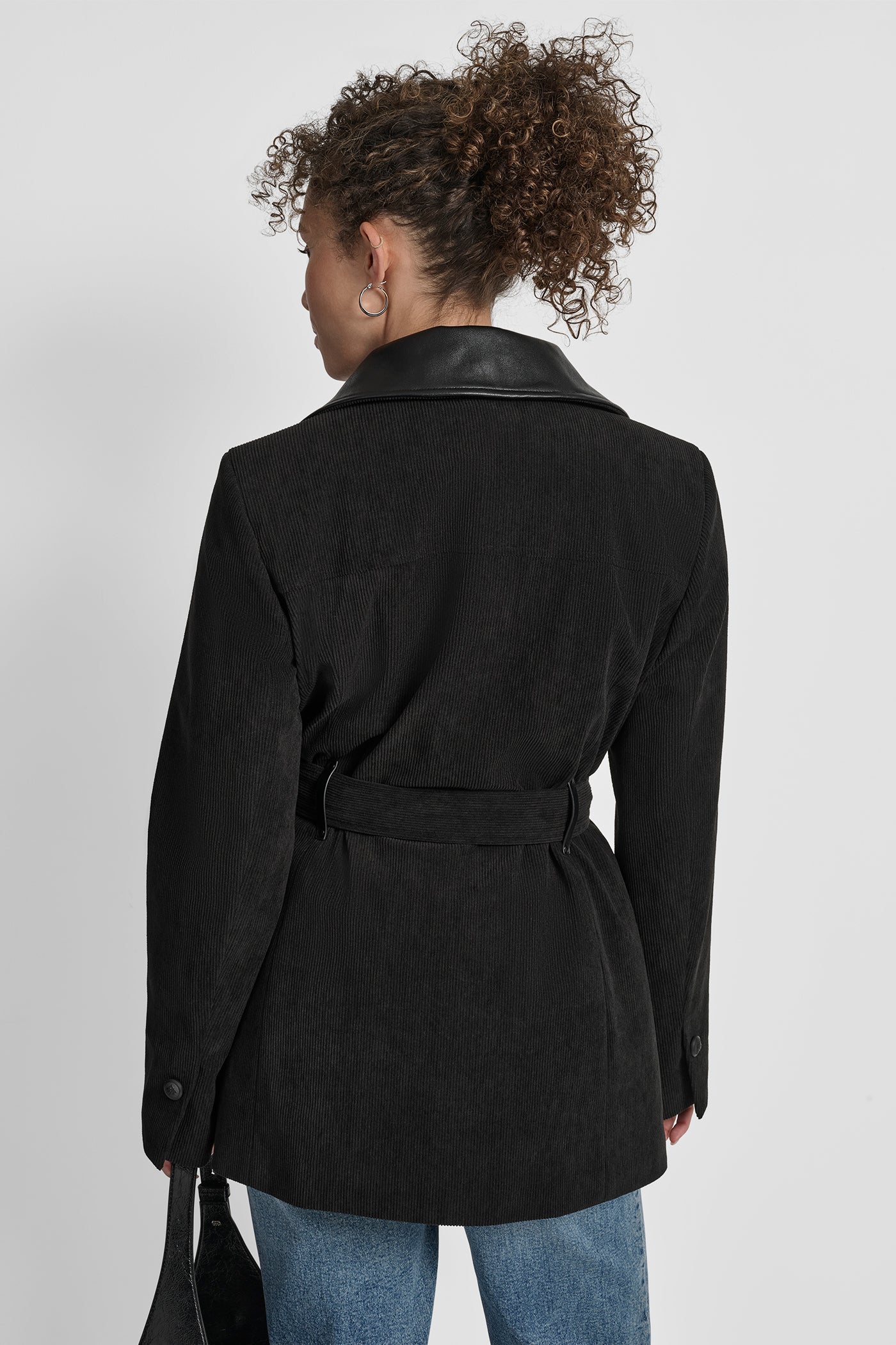Black TIE WAIST CORDUROY JACKET WITH FAUX COLLAR, VIEW 2 | 9-5 Edit