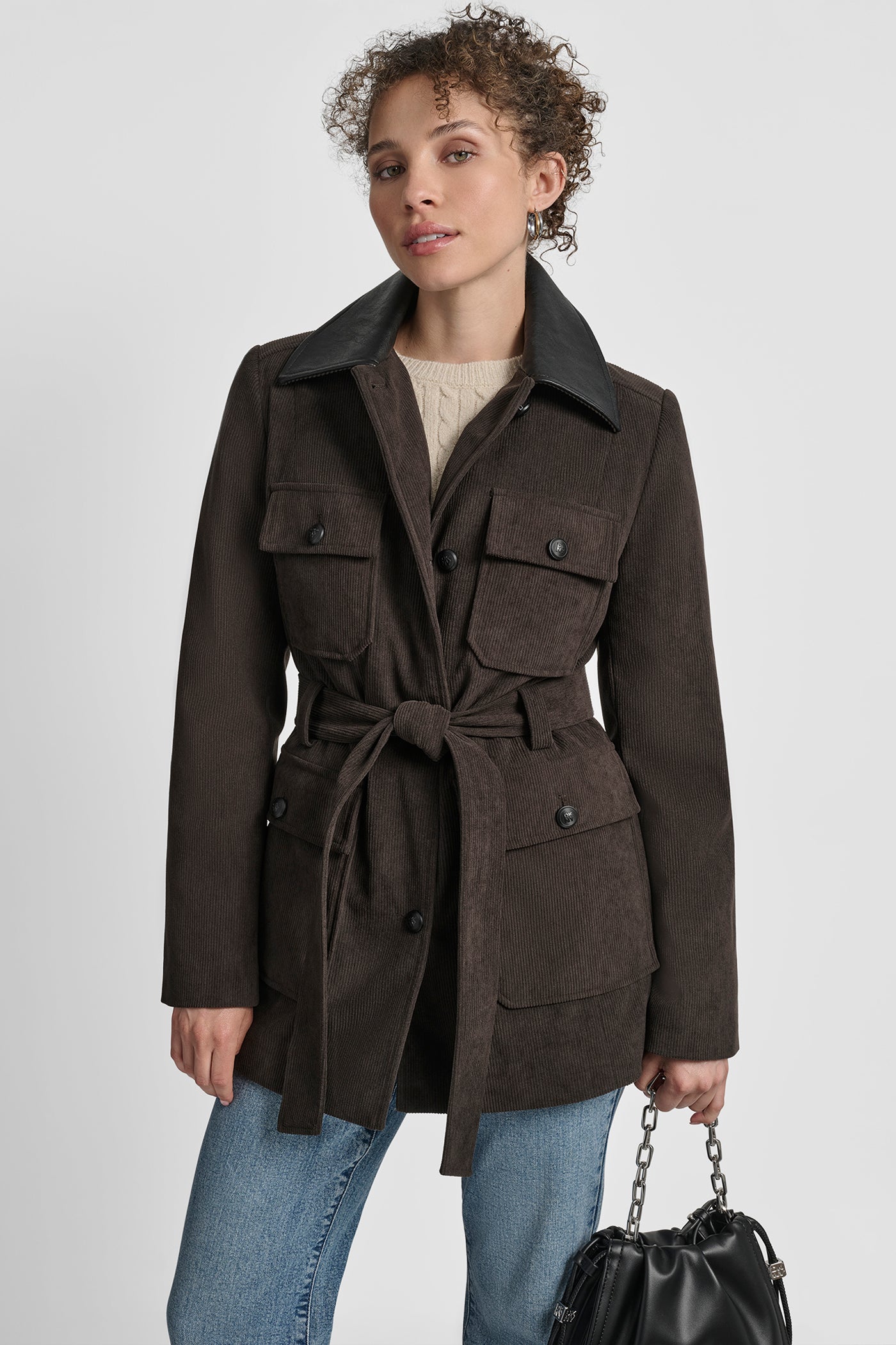 BITTER TIE WAIST CORDUROY JACKET WITH FAUX COLLAR, FRONT VIEW | WOMENS COATS & JACKETS