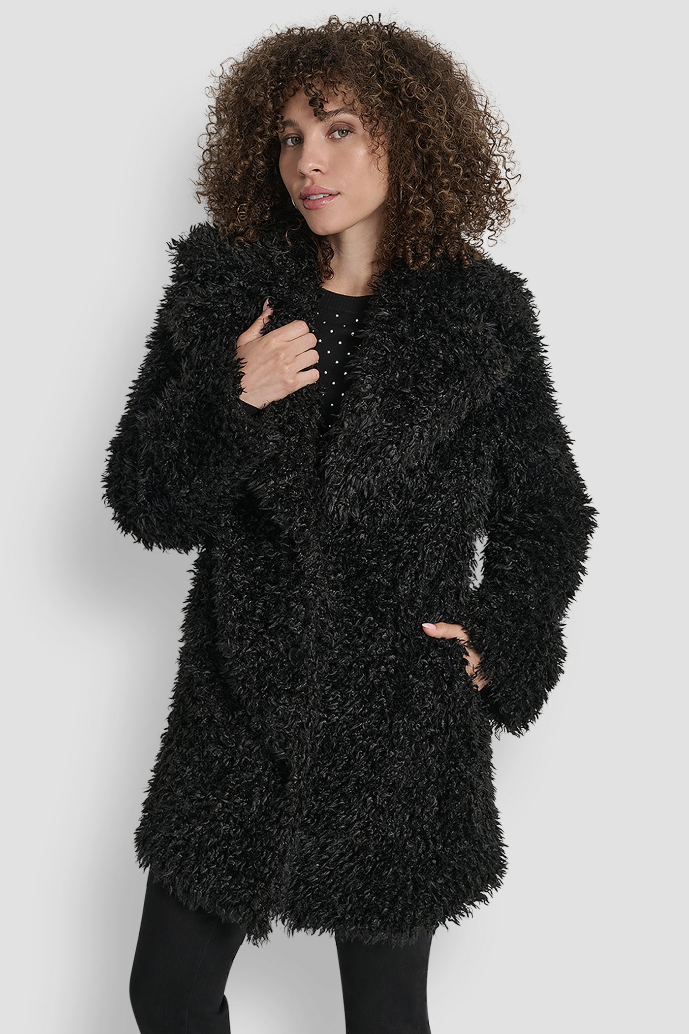 Black FAUX TEDDY FUR JACKET, VIEW 1 | WOMENS COATS & JACKETS
