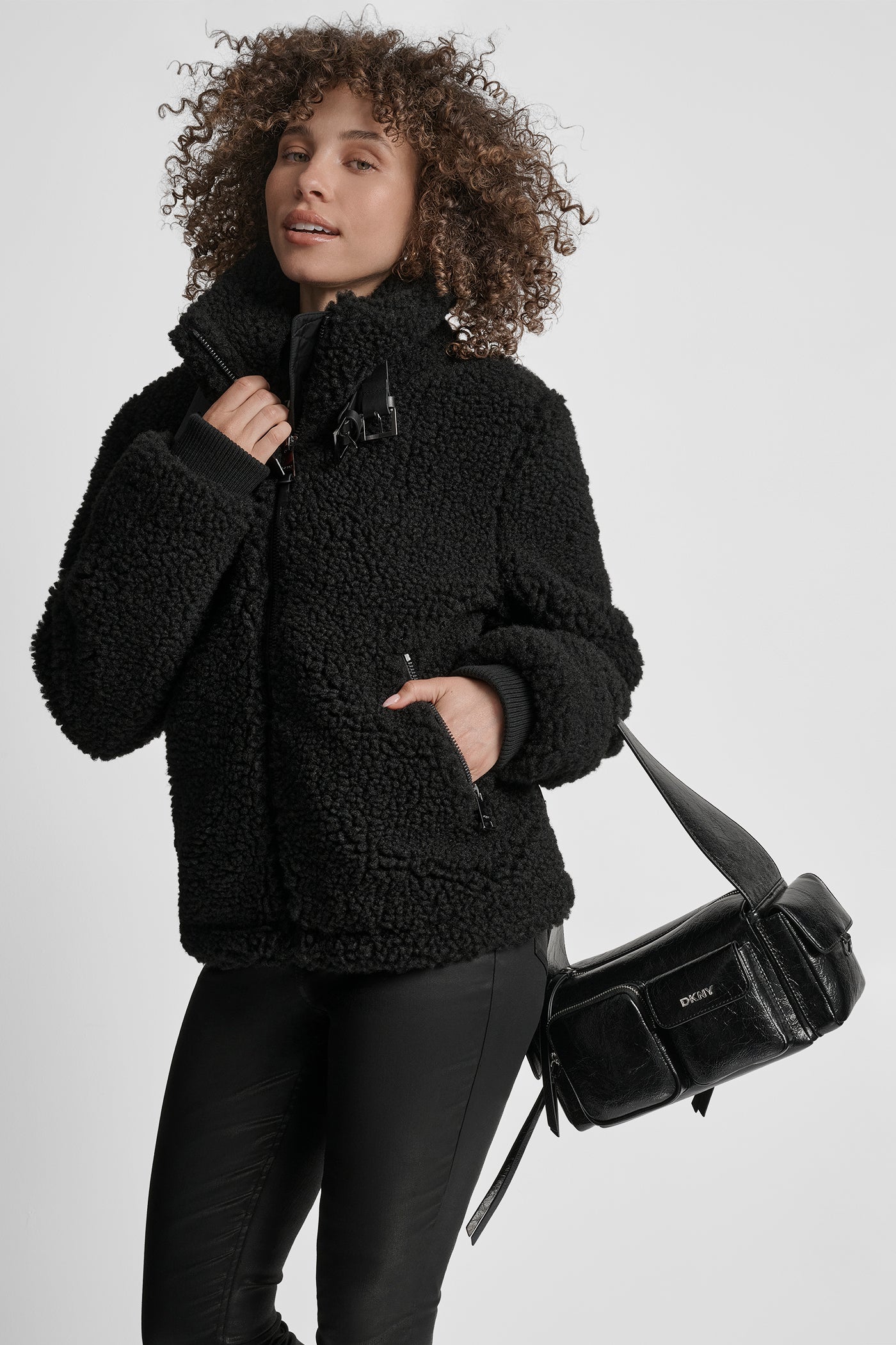 Black FAUX FUR BUCKLE DETAIL SHERPA, BACK VIEW | WOMENS COATS & JACKETS