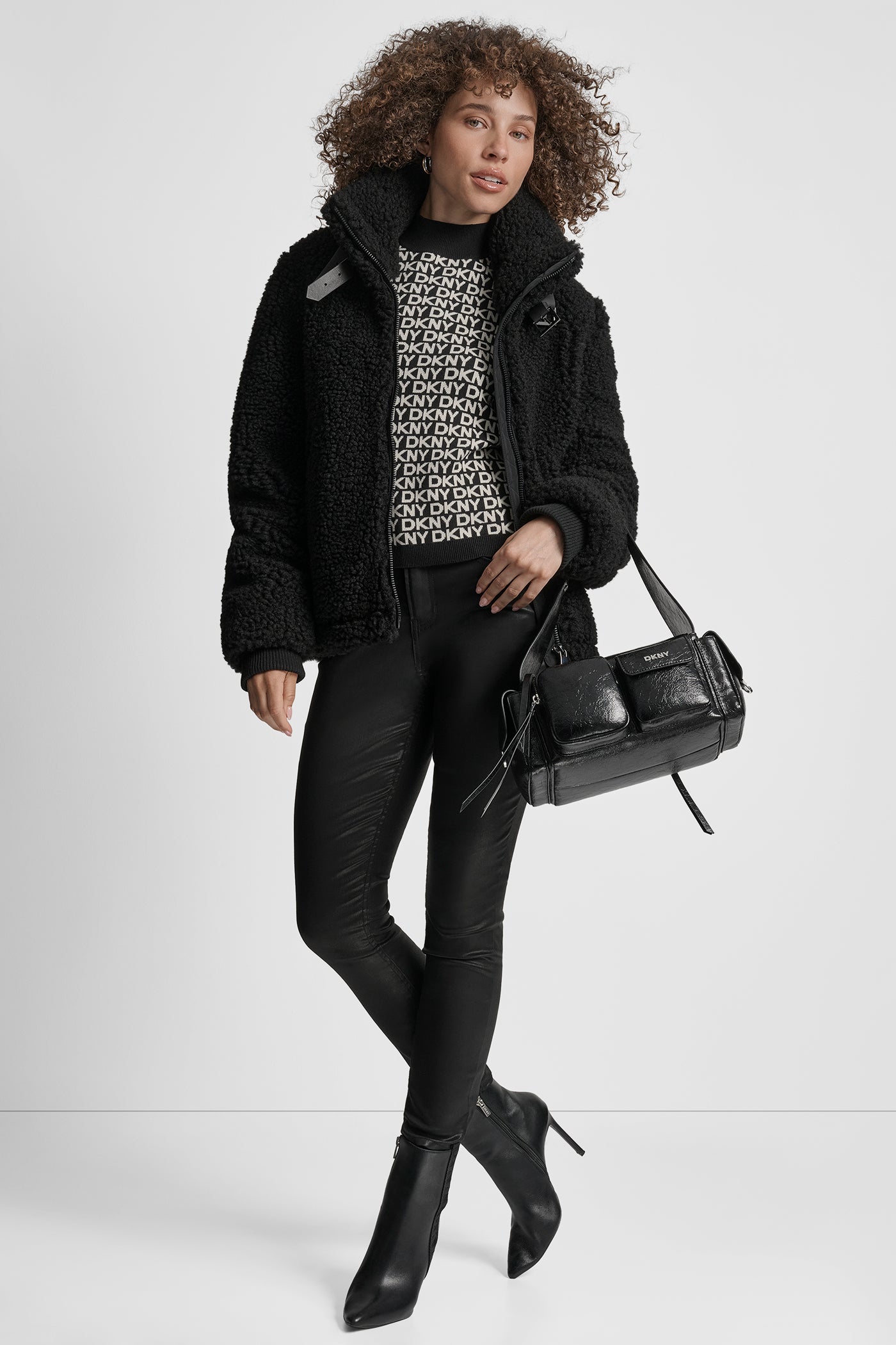 Black FAUX FUR BUCKLE DETAIL SHERPA, FRONT VIEW | WOMENS COATS & JACKETS