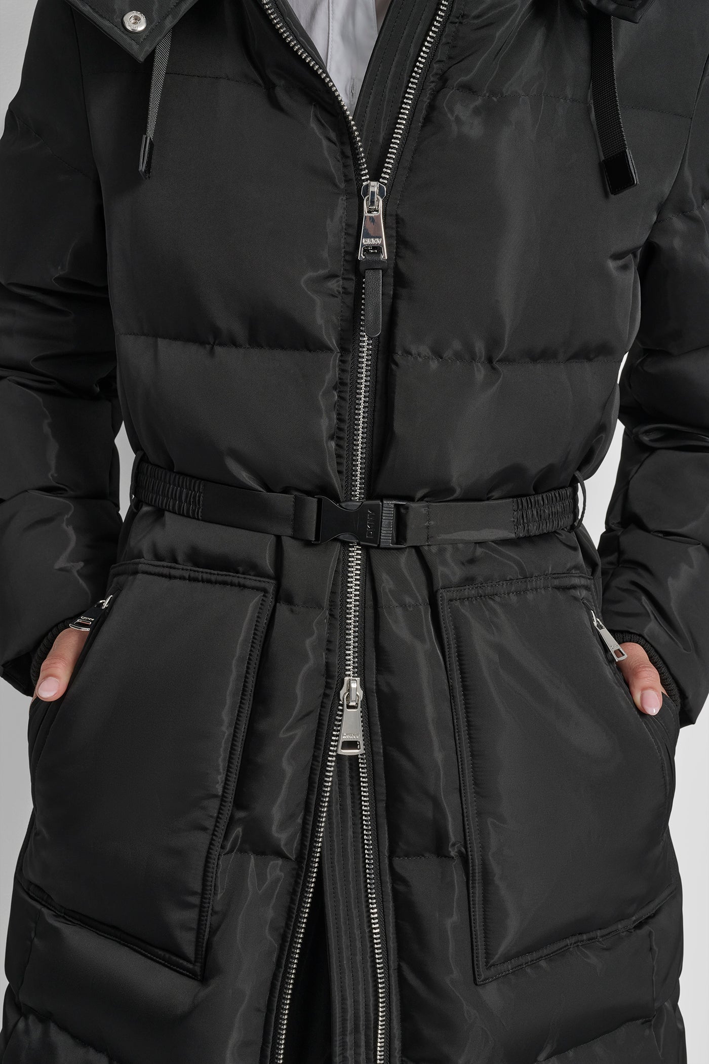 BOX QUILT PUFFER WITH BELT AND ZIPPER POCKETS VIEW 6 | DKNY Promo