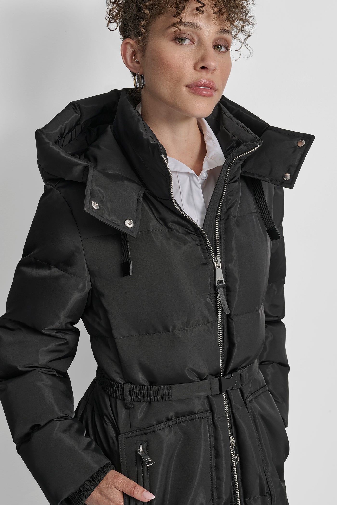 BOX QUILT PUFFER WITH BELT AND ZIPPER POCKETS VIEW 5 | DKNY Promo