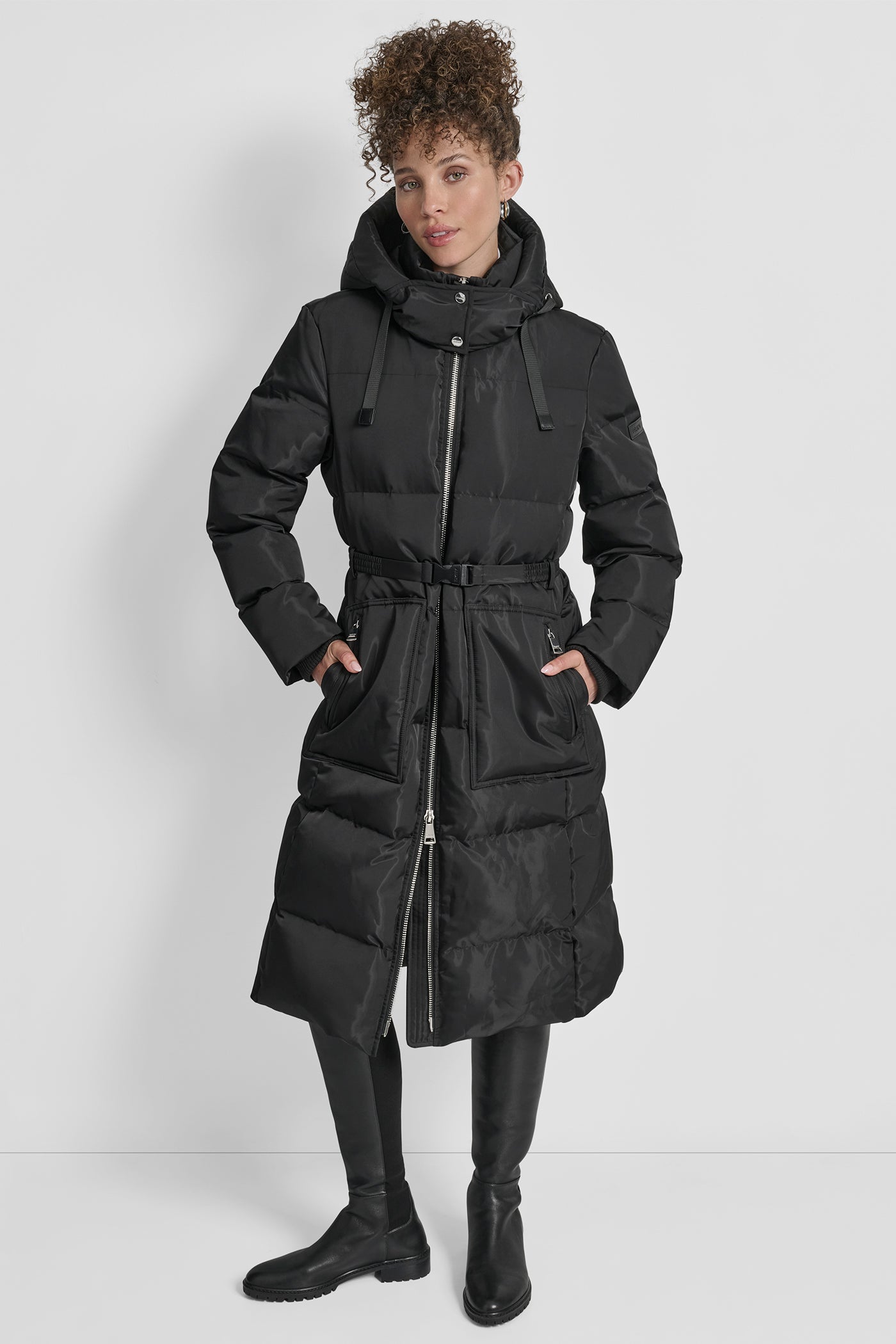 Black BOX QUILT PUFFER WITH BELT AND ZIPPER POCKETS, VIEW 1 | DKNY Promo