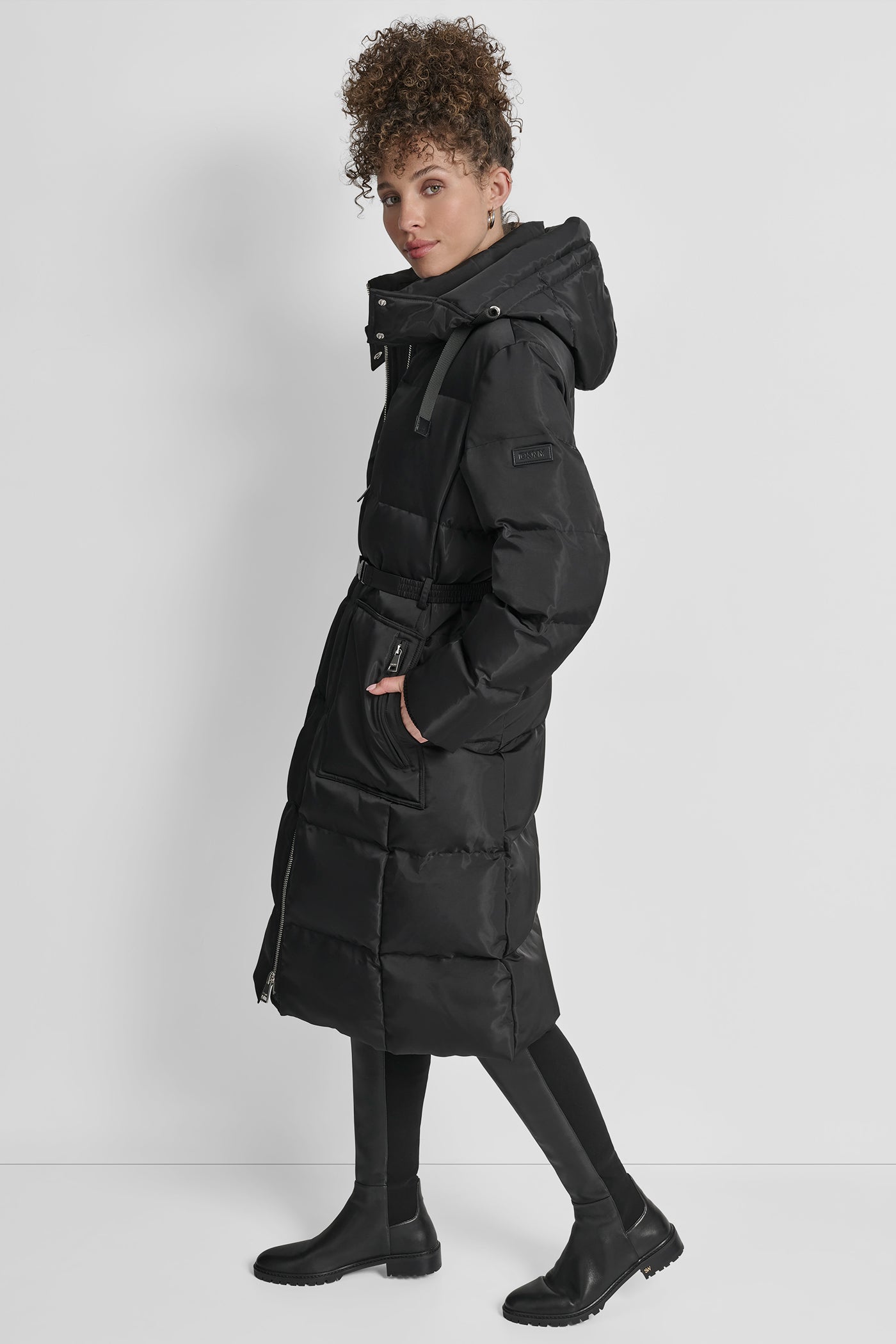 BOX QUILT PUFFER WITH BELT AND ZIPPER POCKETS VIEW 3 | DKNY Promo
