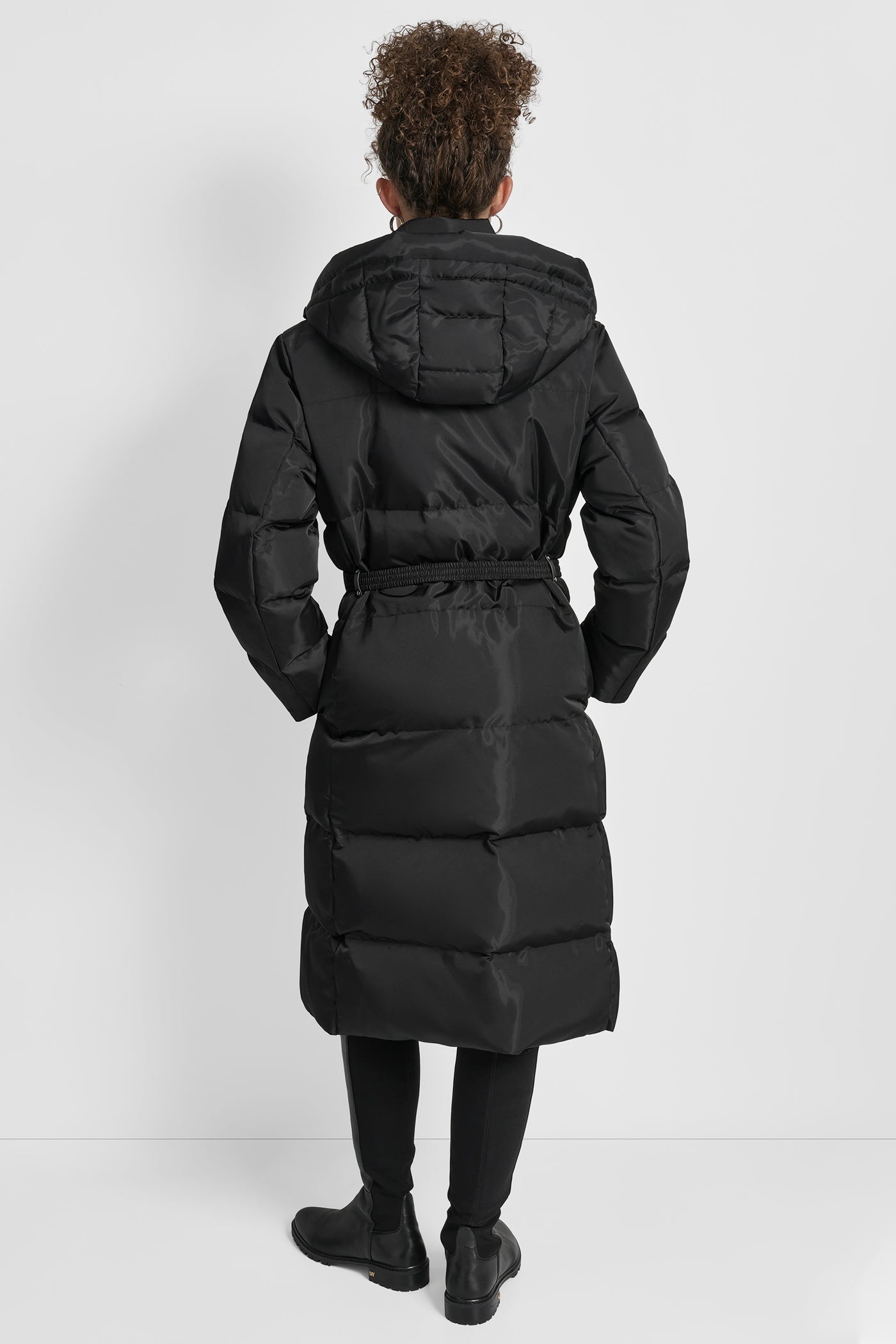 Black BOX QUILT PUFFER WITH BELT AND ZIPPER POCKETS, VIEW 2 | DKNY Promo