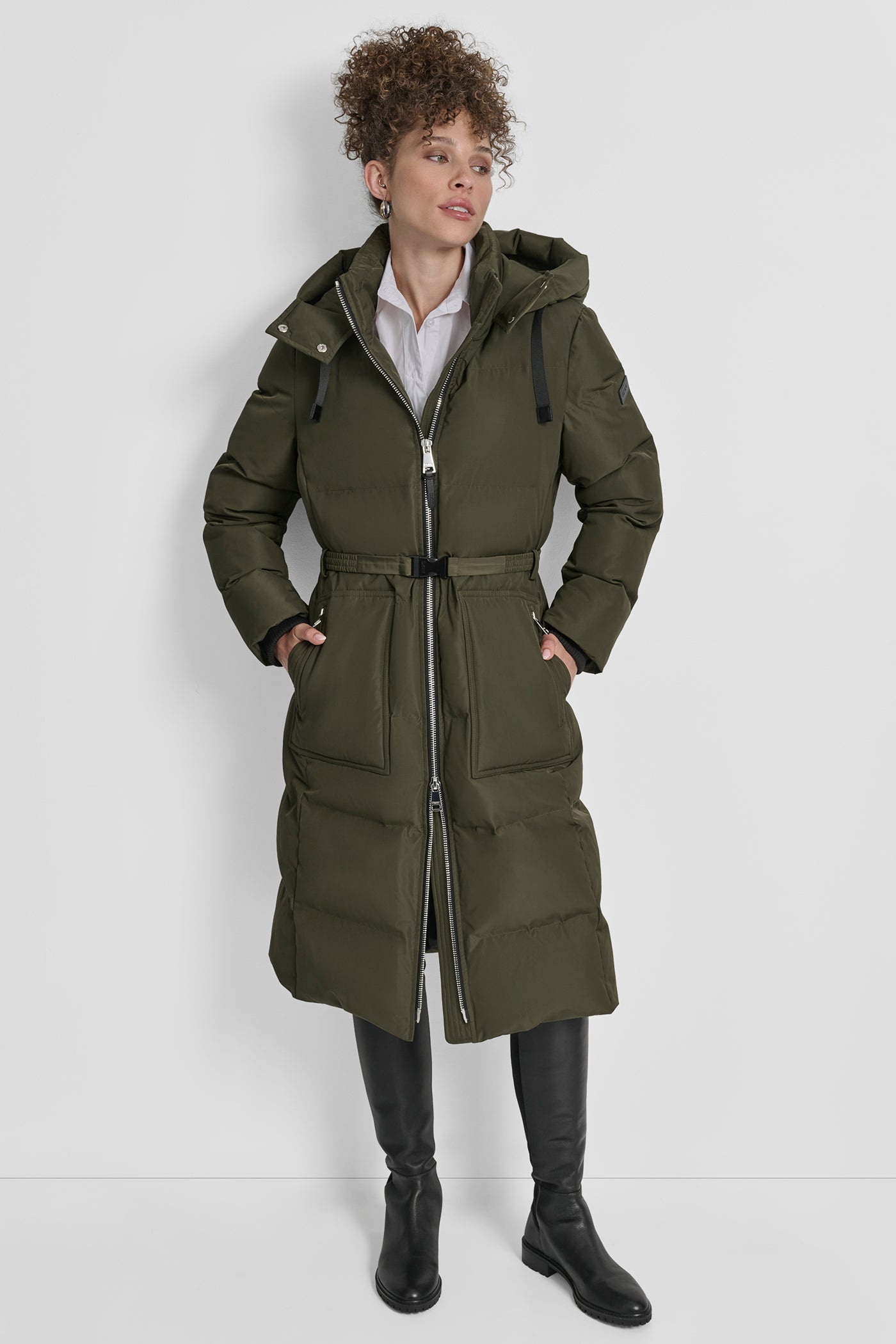 LODEN BOX QUILT PUFFER WITH BELT AND ZIPPER POCKETS, VIEW 1 | DKNY Promo
