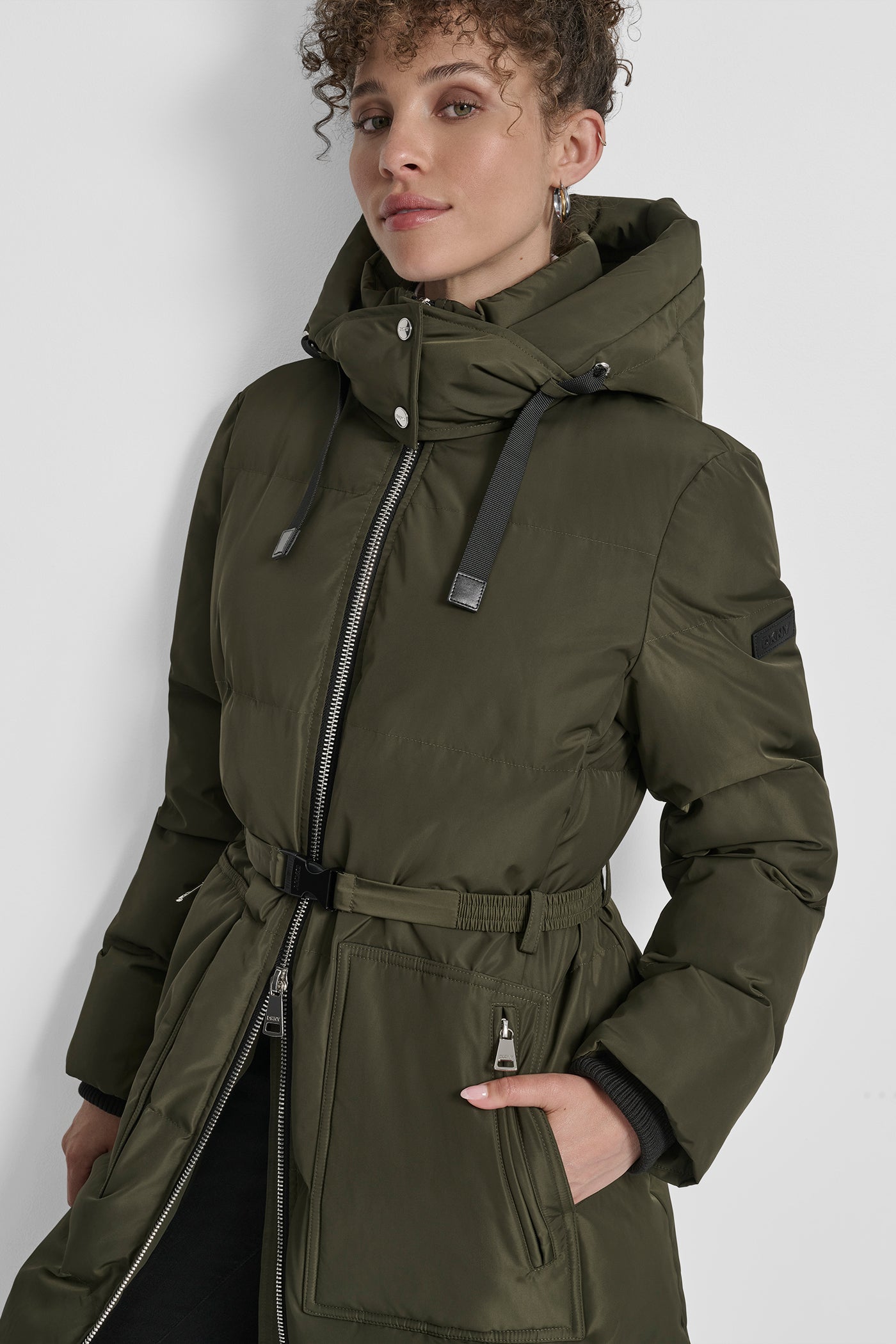 BOX QUILT PUFFER WITH BELT AND ZIPPER POCKETS VIEW 4 | DKNY Promo