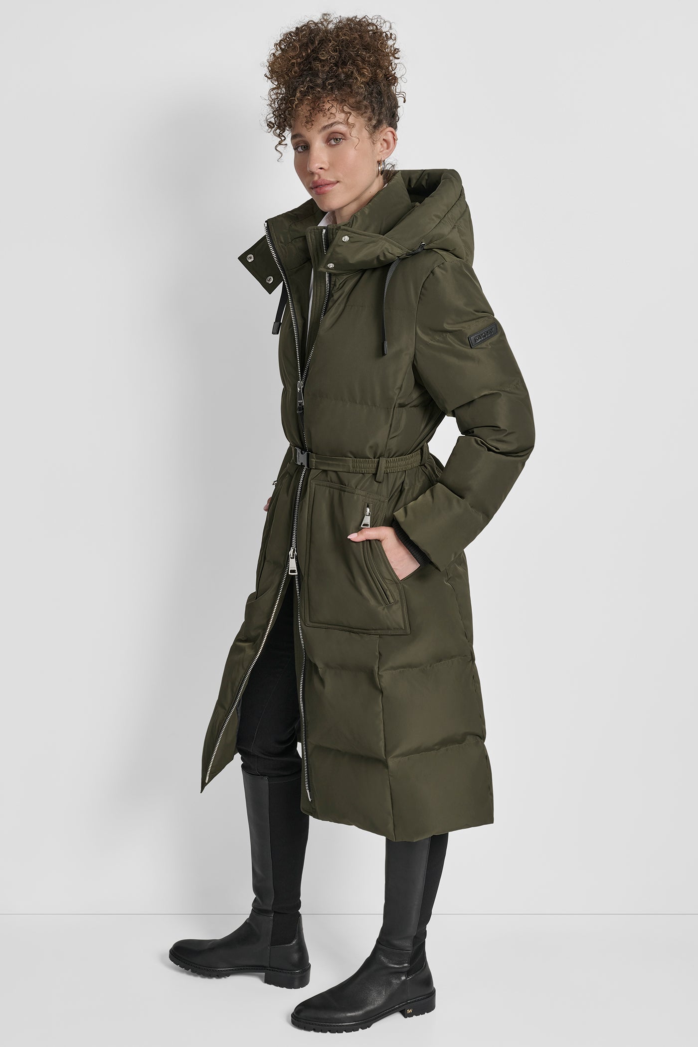 BOX QUILT PUFFER WITH BELT AND ZIPPER POCKETS VIEW 3 | DKNY Promo