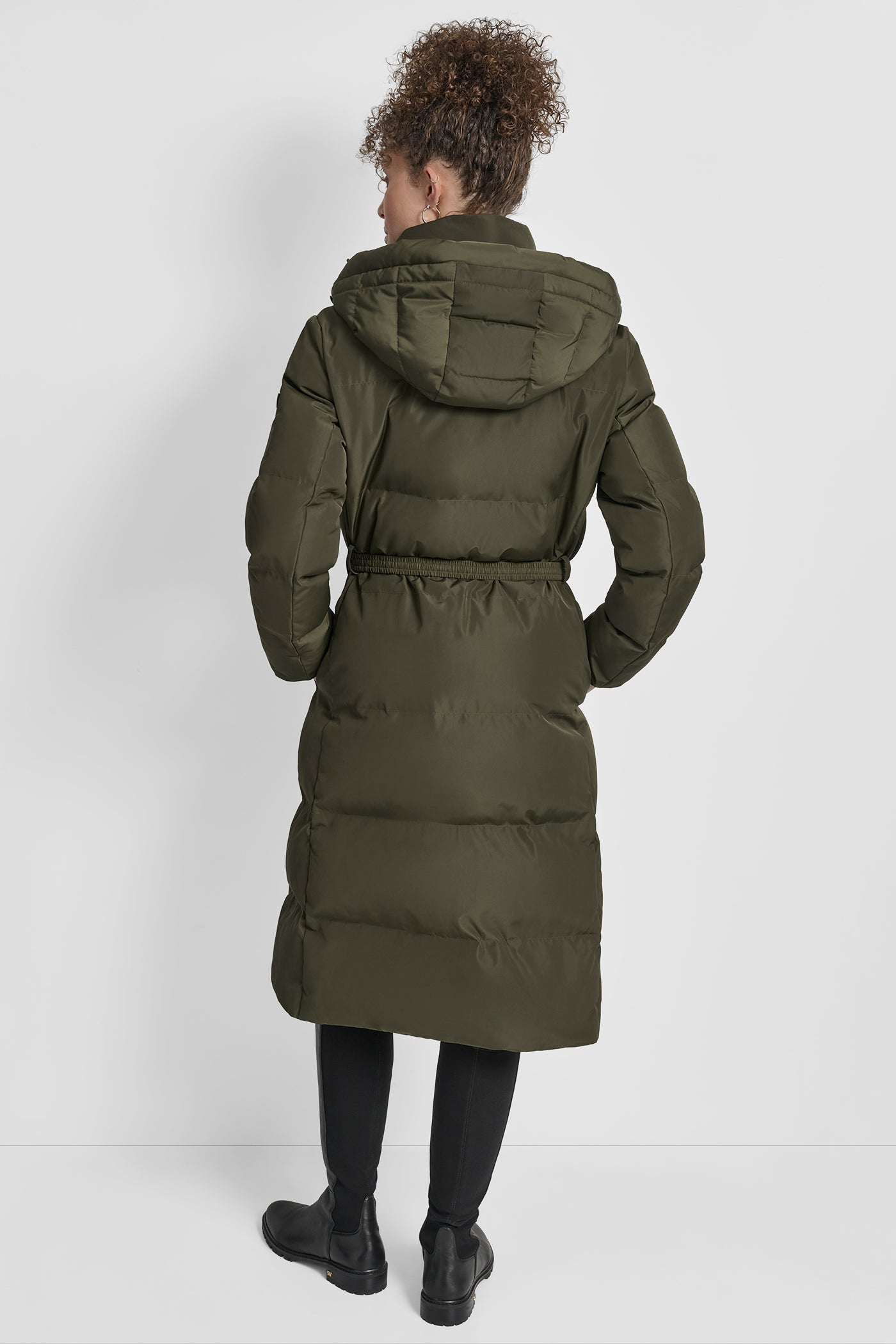 LODEN BOX QUILT PUFFER WITH BELT AND ZIPPER POCKETS, VIEW 2 | DKNY Promo