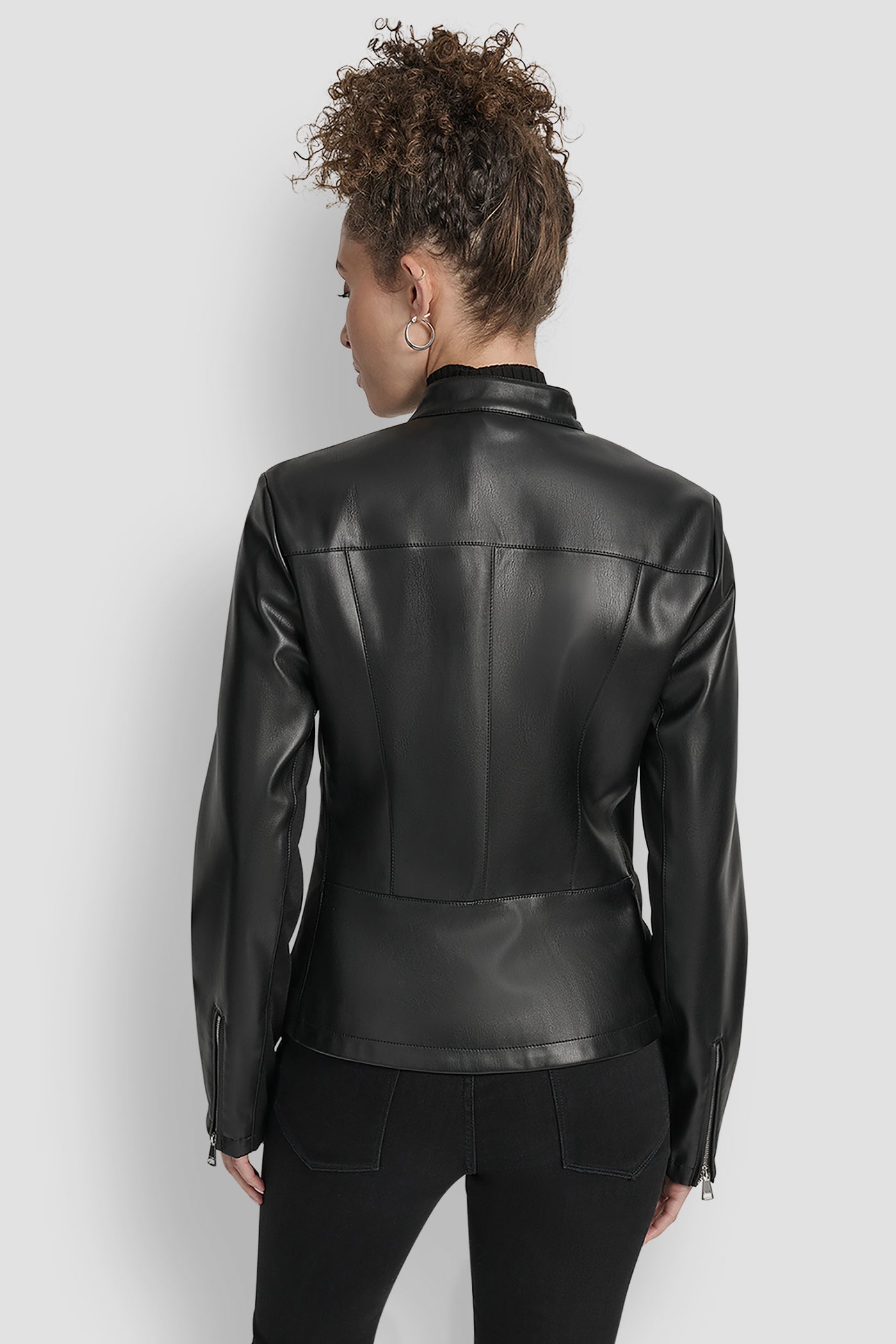 Black FAUX LEATHER MOTO JACKET WITH SNAP COLLAR, VIEW 2 | Jackets & Trench Coats