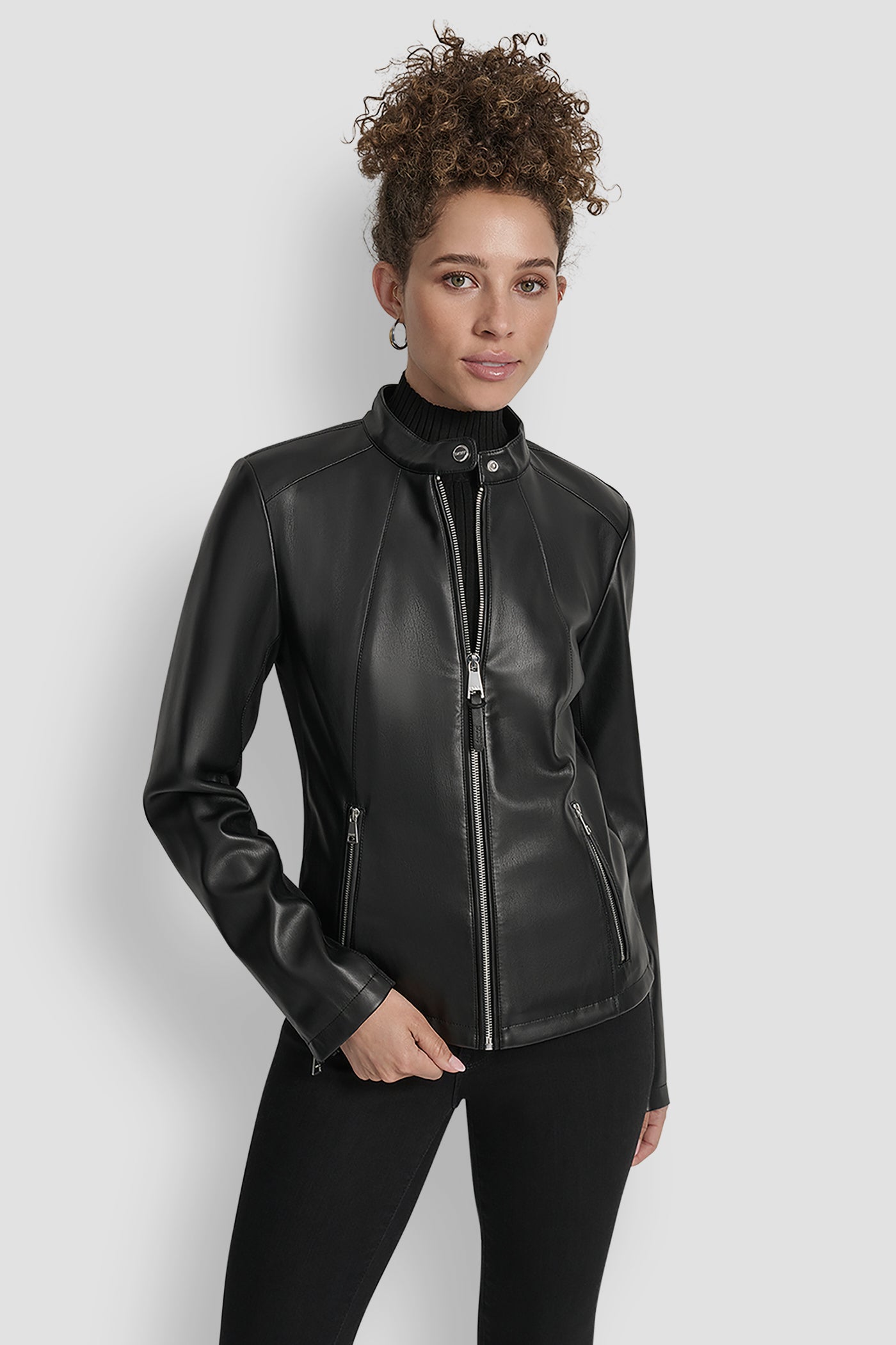 Black FAUX LEATHER MOTO JACKET WITH SNAP COLLAR, VIEW 1 | Jackets & Trench Coats