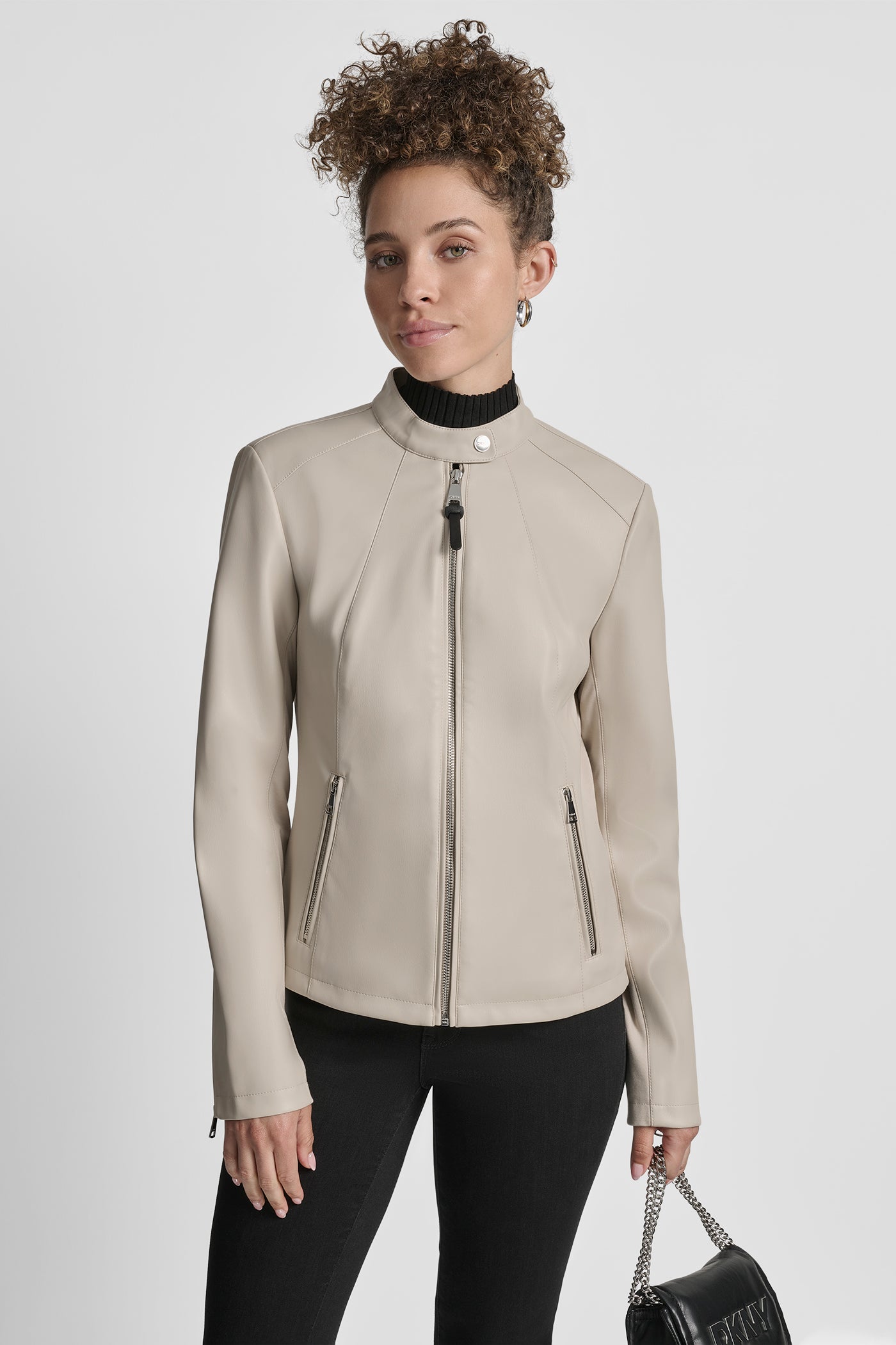 STONE FAUX LEATHER MOTO JACKET WITH SNAP COLLAR, VIEW 1 | Jackets & Blazers