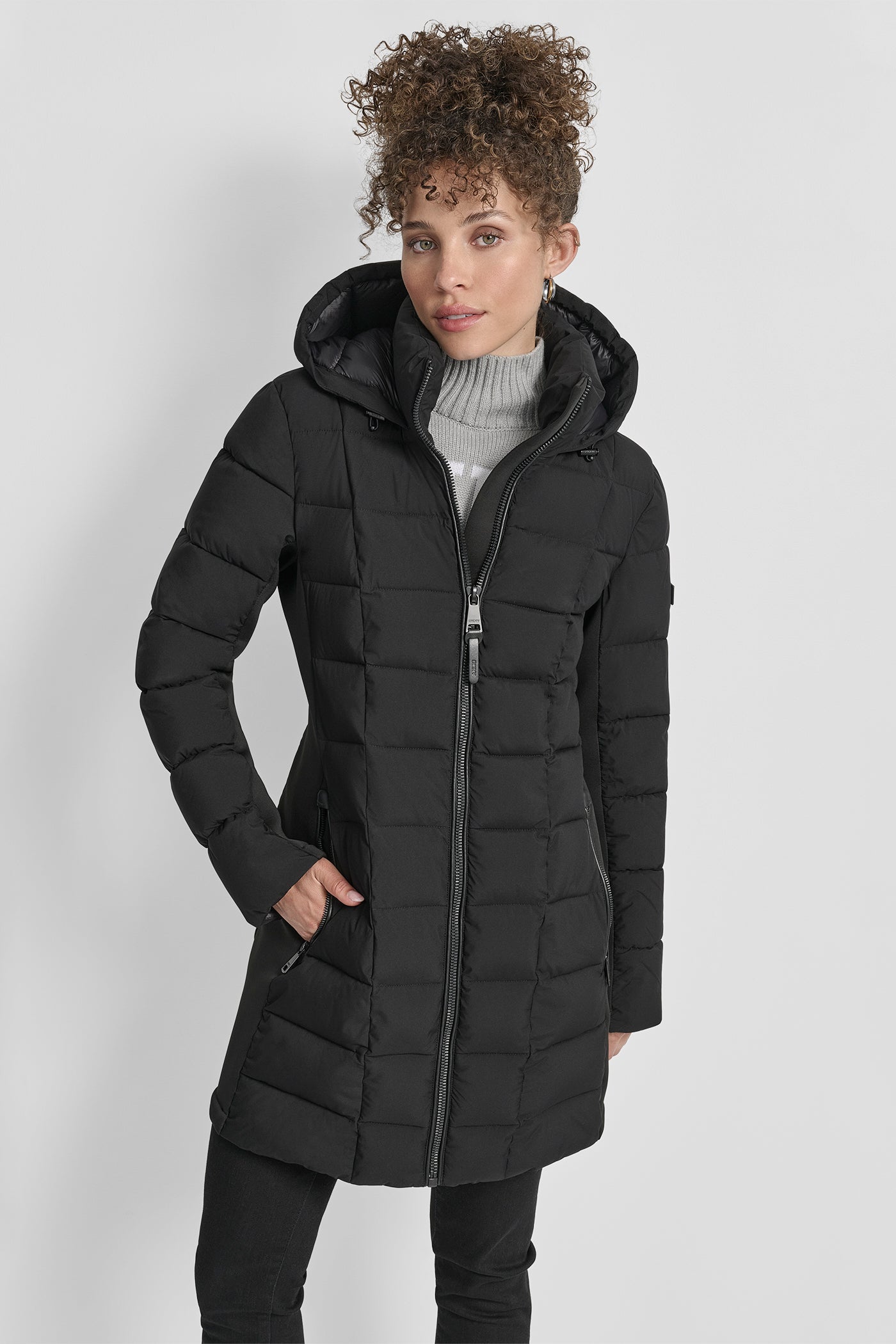 Black LONG MIX MEDIA JACKET WITH HOOD, VIEW 1 | New Arrivals