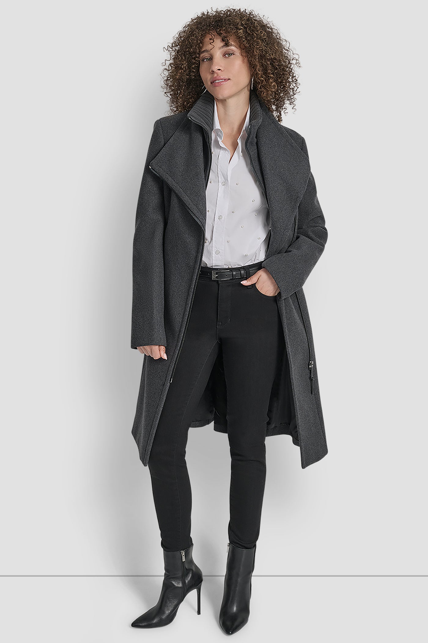 CHARCOAL WOOL WRAP JACKET WITH INSERT, FRONT VIEW | 9-5 Edit