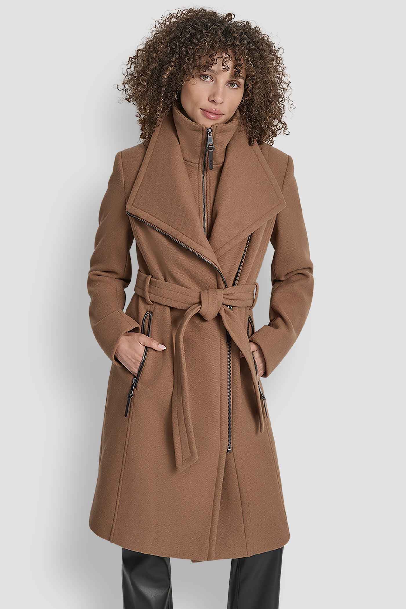 DARK CAMEL WOOL WRAP JACKET WITH INSERT, VIEW 1 | 9-5 Edit