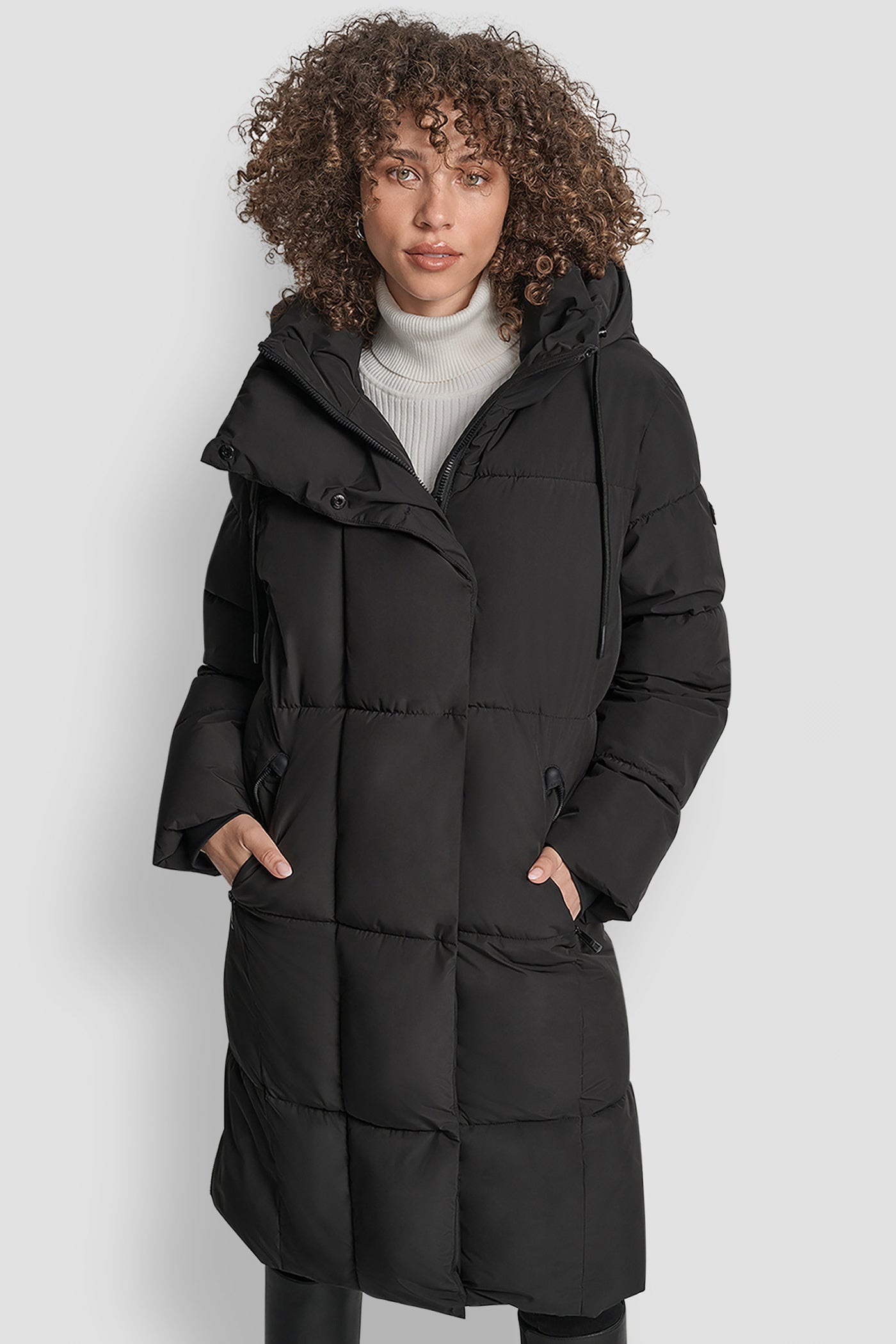 Black MID LENGTH PUFFER JACKET, FRONT VIEW | WOMENS COATS & JACKETS