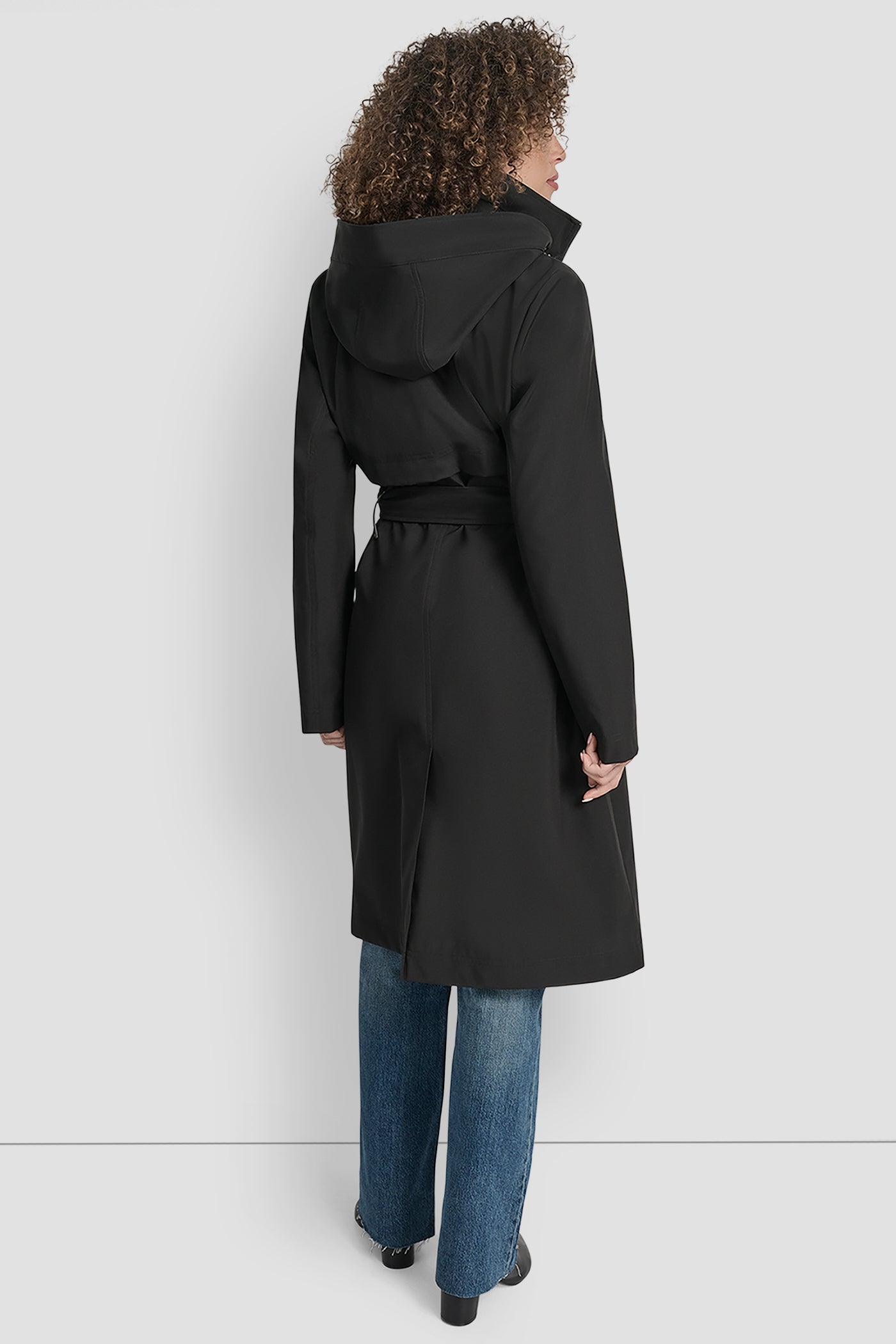 Black LONG WAIST BELT TRENCH COAT, BACK VIEW | WOMENS COATS & JACKETS