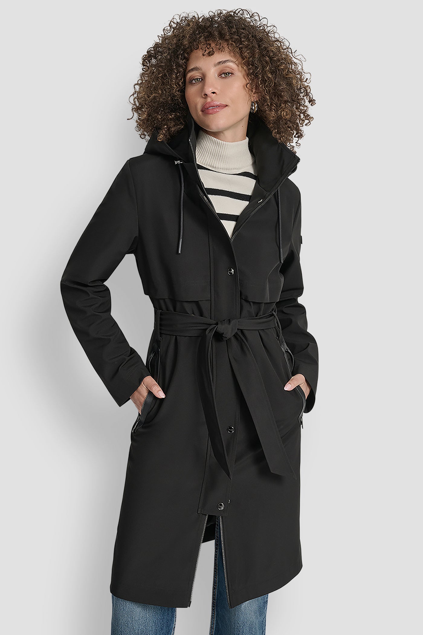 Black LONG WAIST BELT TRENCH COAT, FRONT VIEW | WOMENS COATS & JACKETS