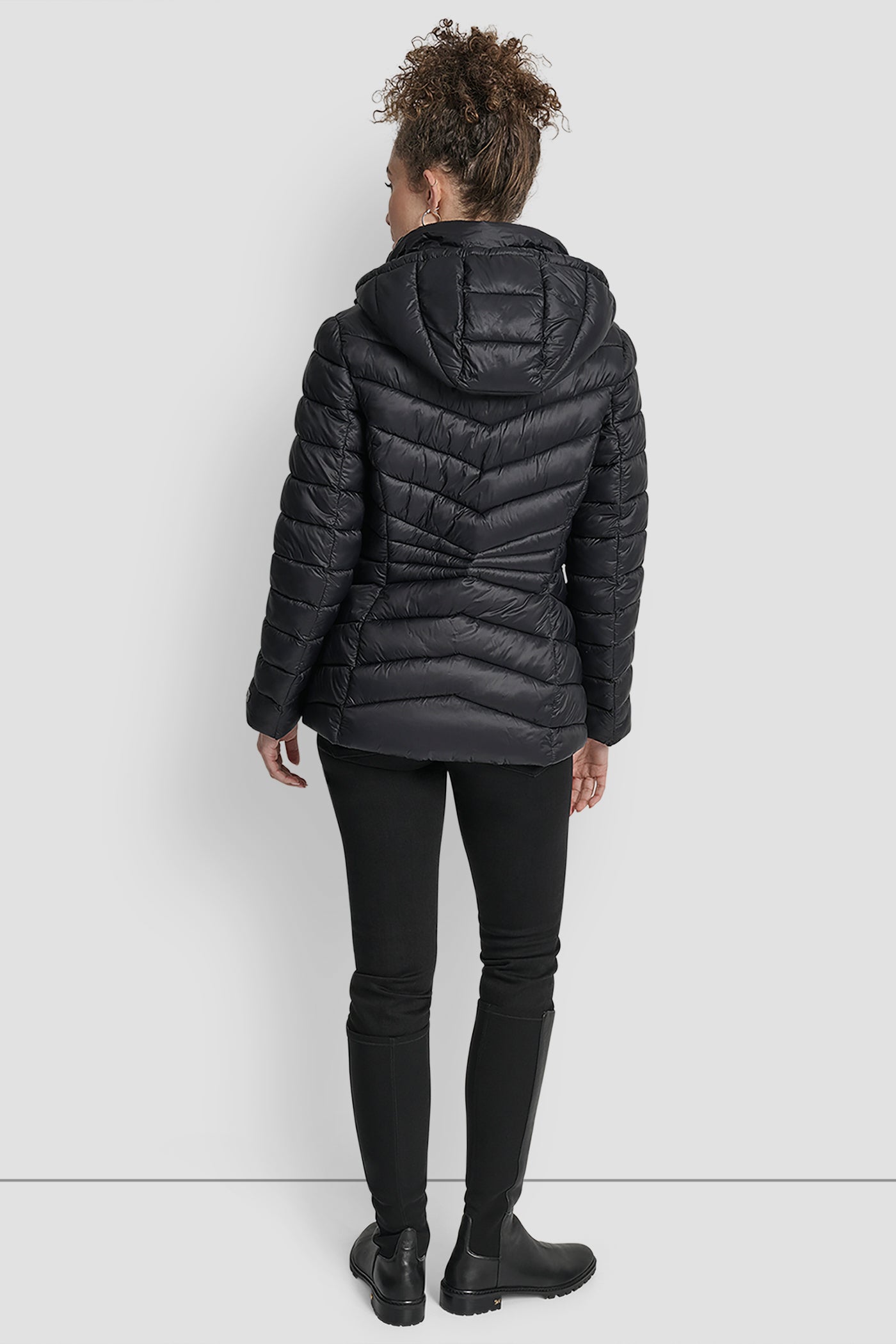 Black SHORT HOODED PUFFER JACKET, BACK VIEW | WOMENS COATS & JACKETS