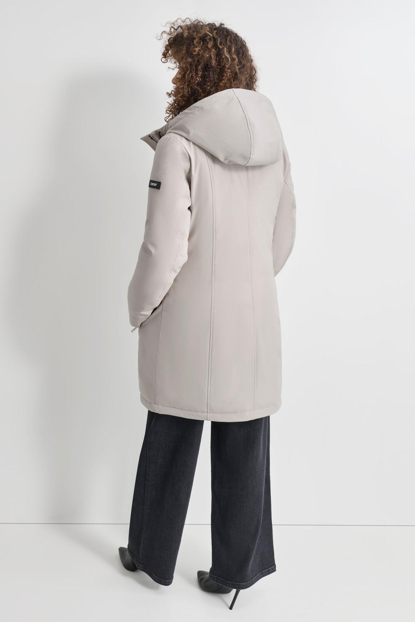 White MID LENGTH HOODED SOFT SHELL JACKET, BACK VIEW | Not Clearance or Preorder
