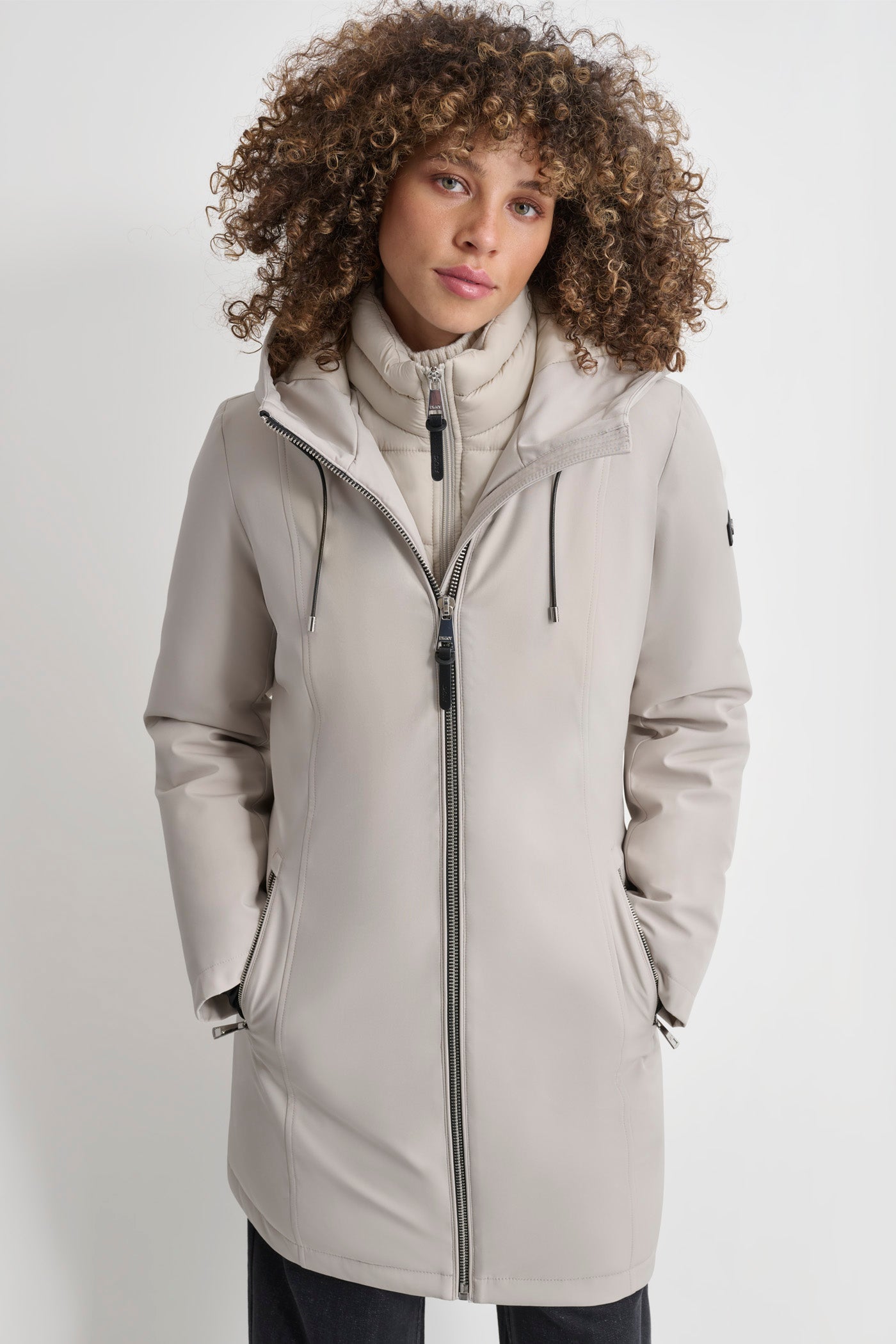 White MID LENGTH HOODED SOFT SHELL JACKET, FRONT VIEW | Not Clearance or Preorder