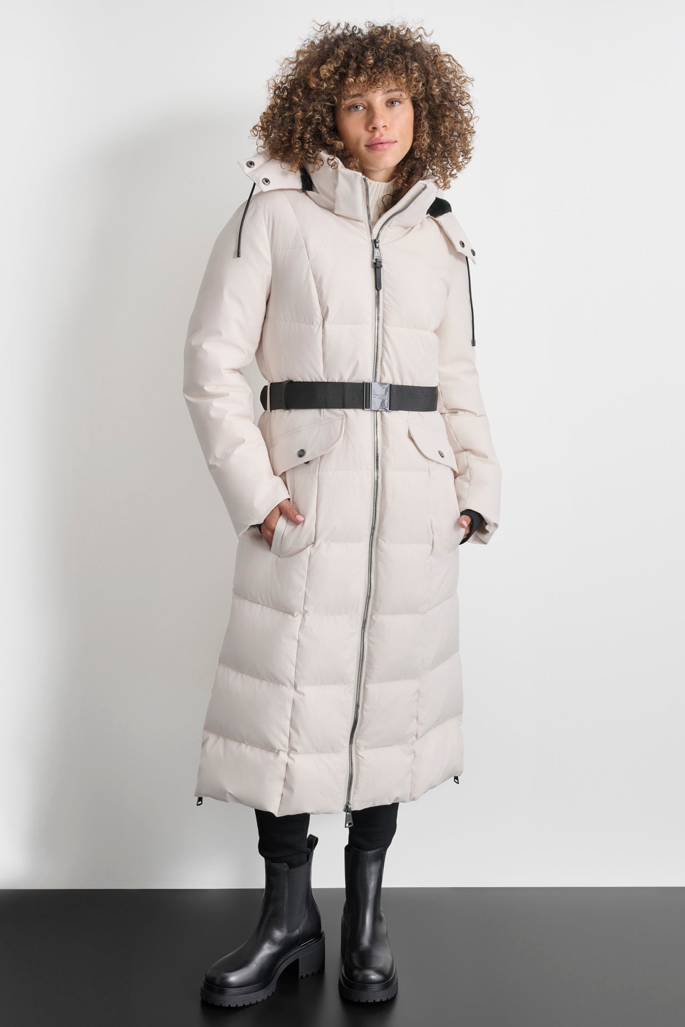 Chiffon BOX QUILT LONG PUFFER WITH BELT, VIEW 1 | Fall Neutrals