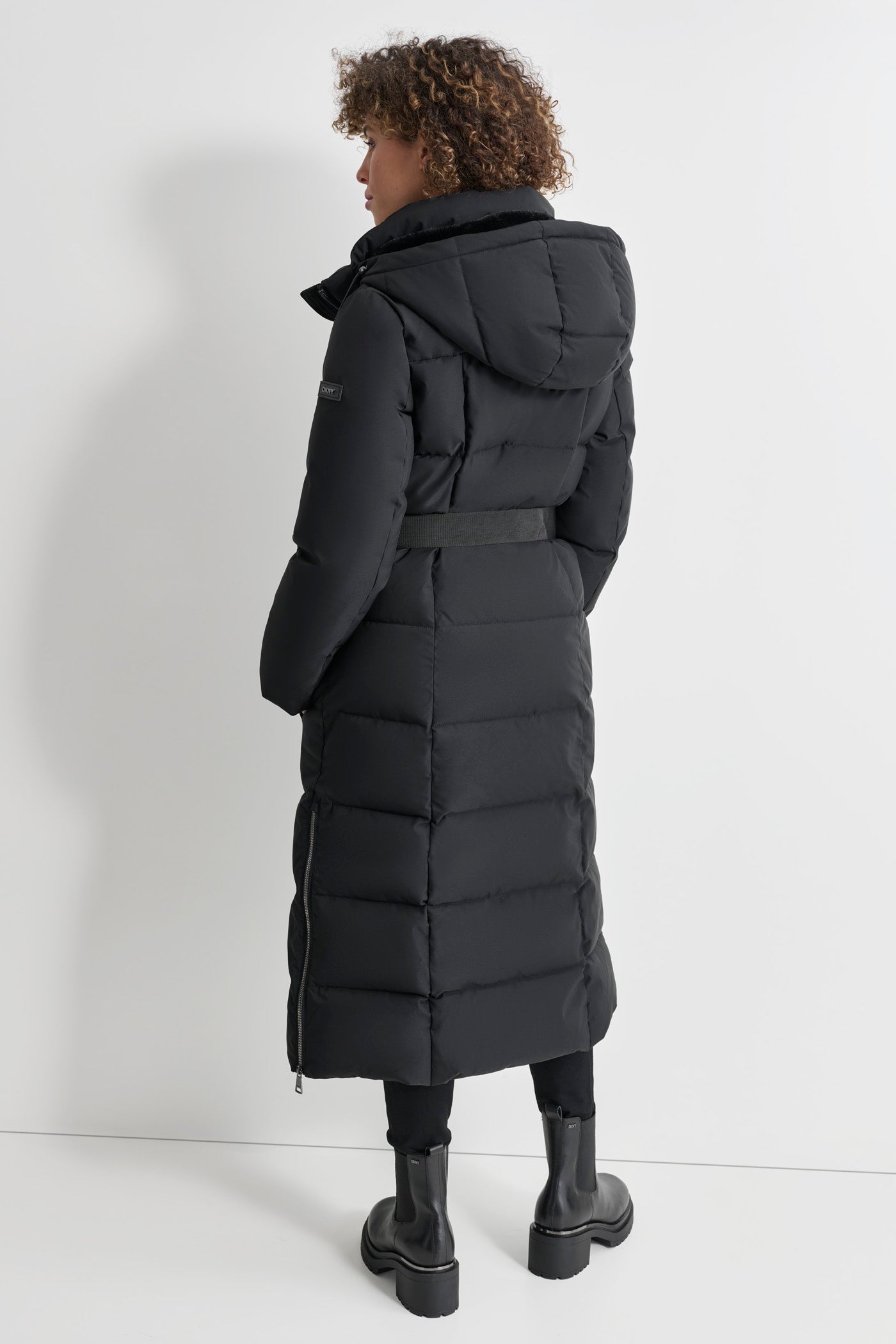 Black BOX QUILT LONG PUFFER WITH BELT, BACK VIEW | All Products