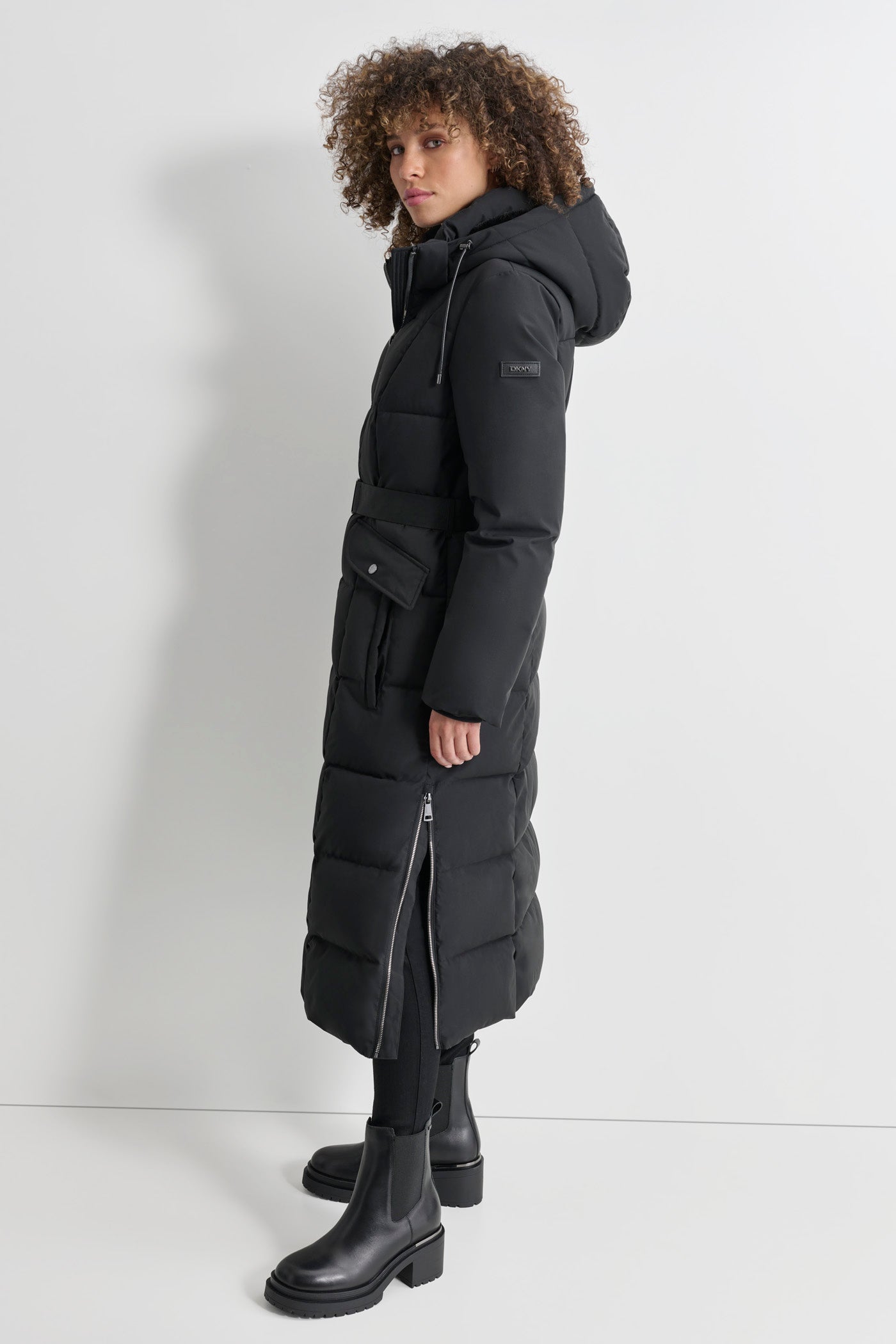 BOX QUILT LONG PUFFER WITH BELT VIEW 3