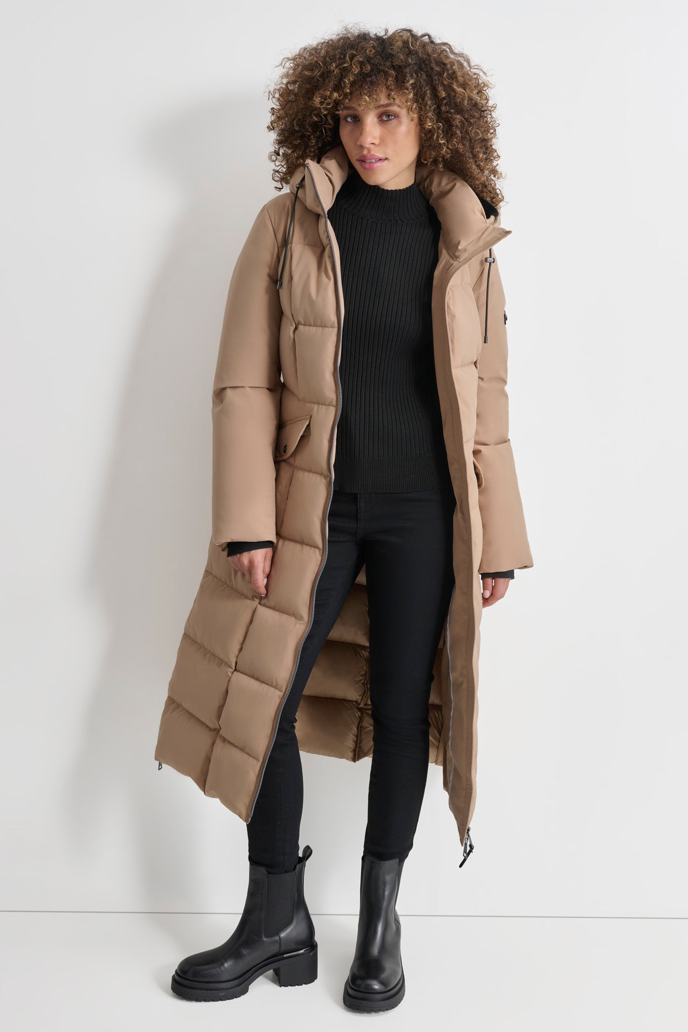 BOX QUILT LONG PUFFER WITH BELT VIEW 3