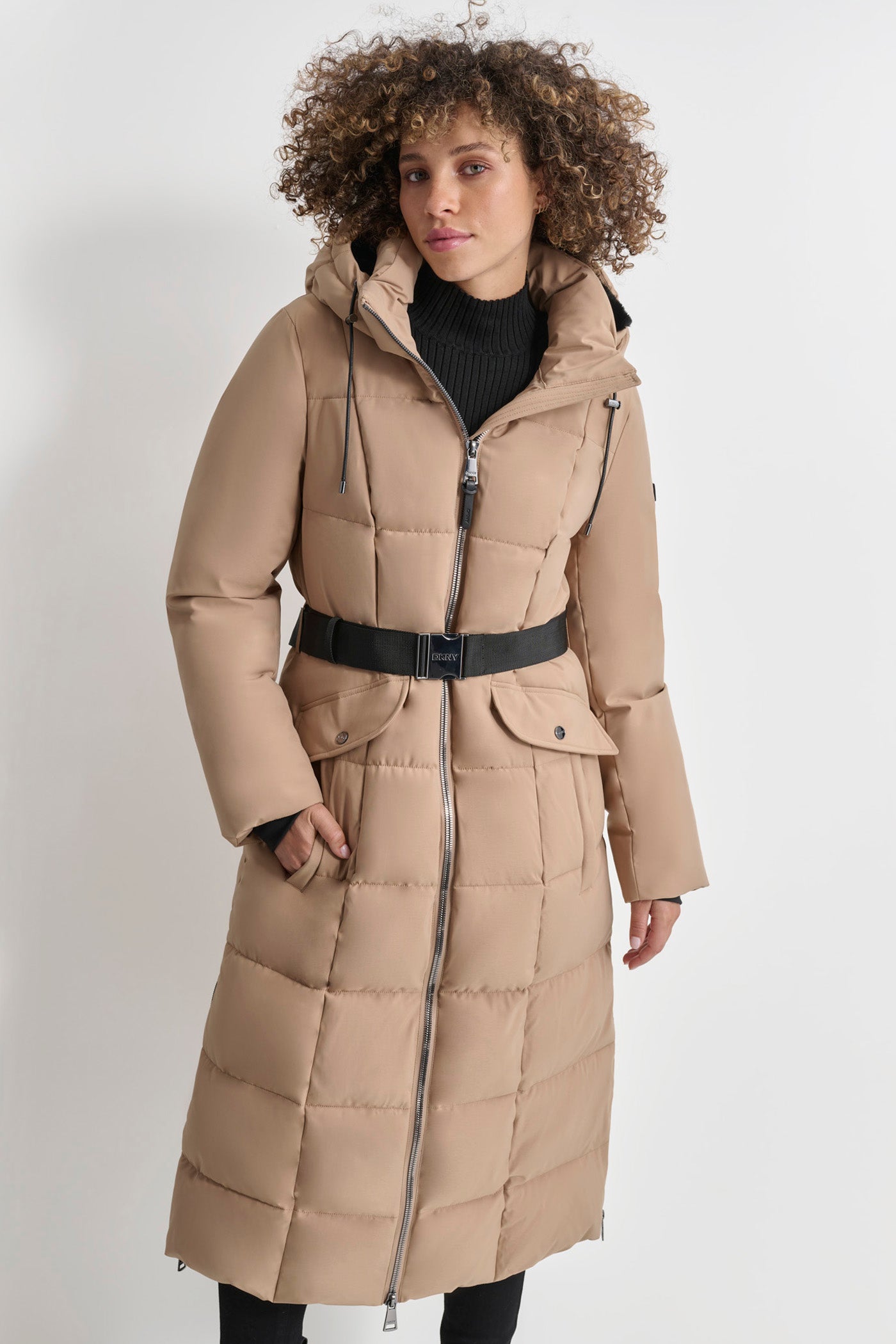 Beige BOX QUILT LONG PUFFER WITH BELT, FRONT VIEW | Crossbody Bags