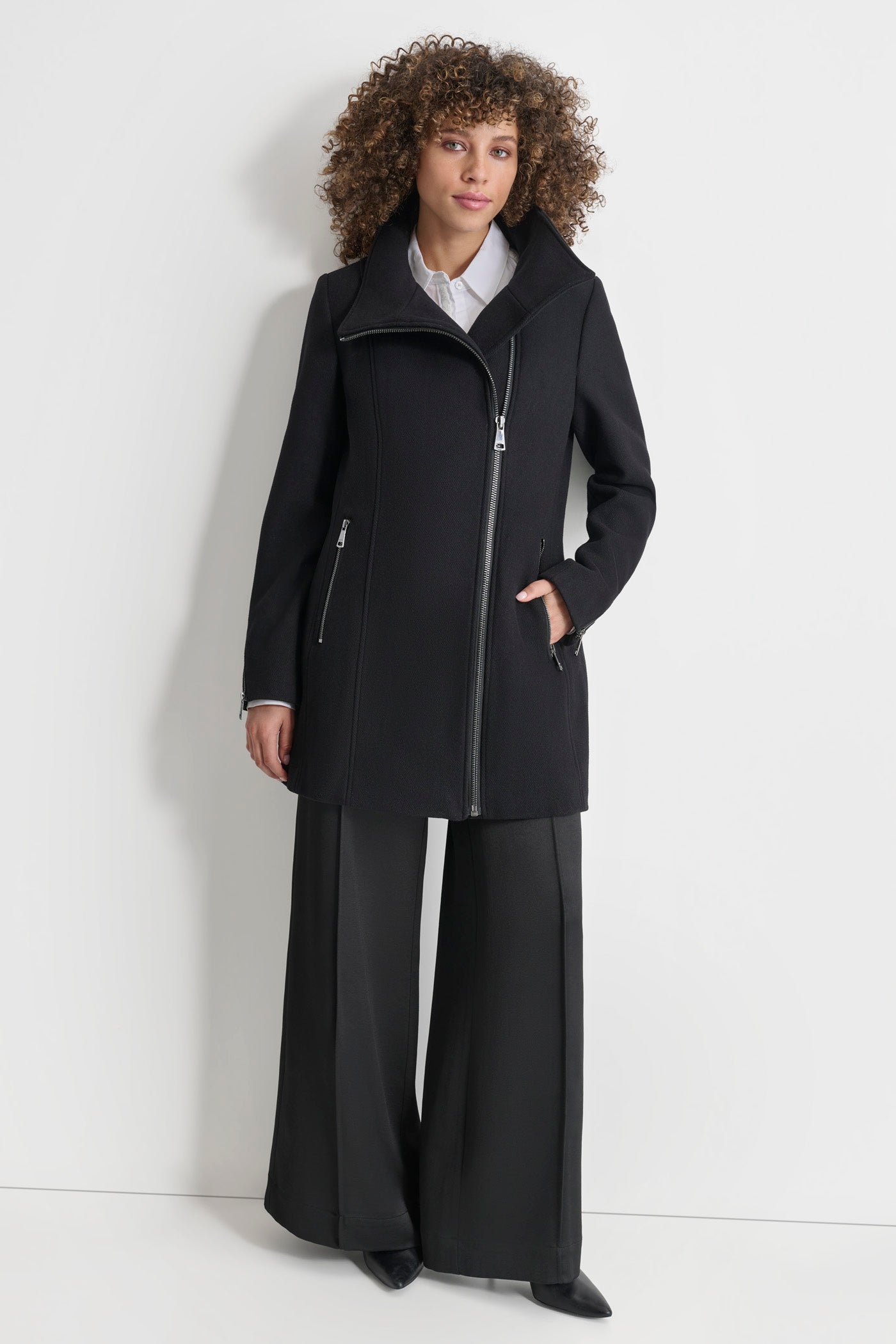 Black WOOL COAT WITH ZIPPER DETAIL, VIEW 1 | Not Clearance or Preorder
