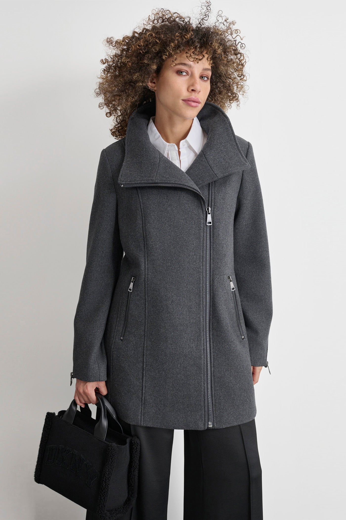 Grey WOOL COAT WITH ZIPPER DETAIL, VIEW 1 | Not Clearance or Preorder