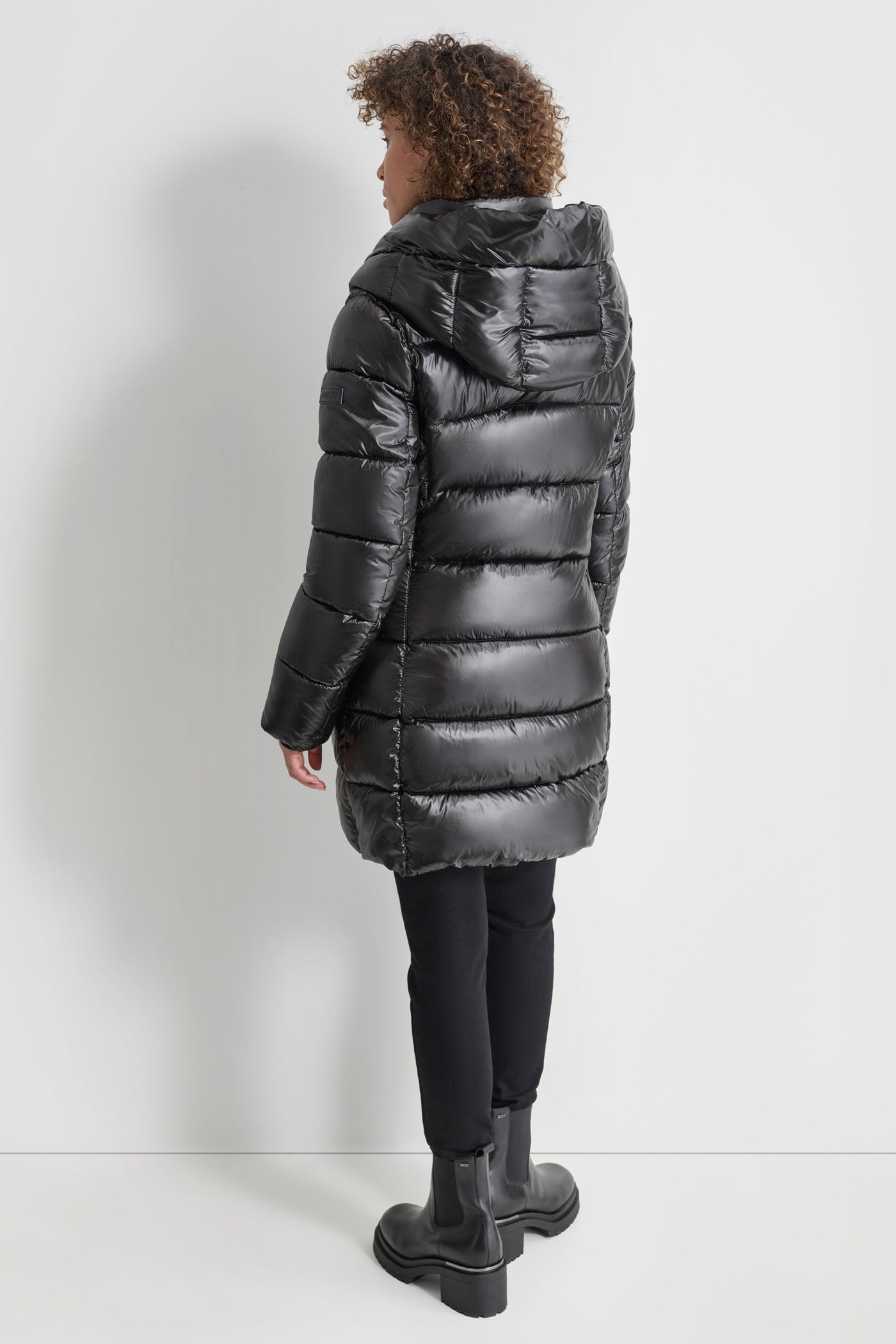 Black PEARLIZED PUFFER WITH HOOD, BACK VIEW | All Products