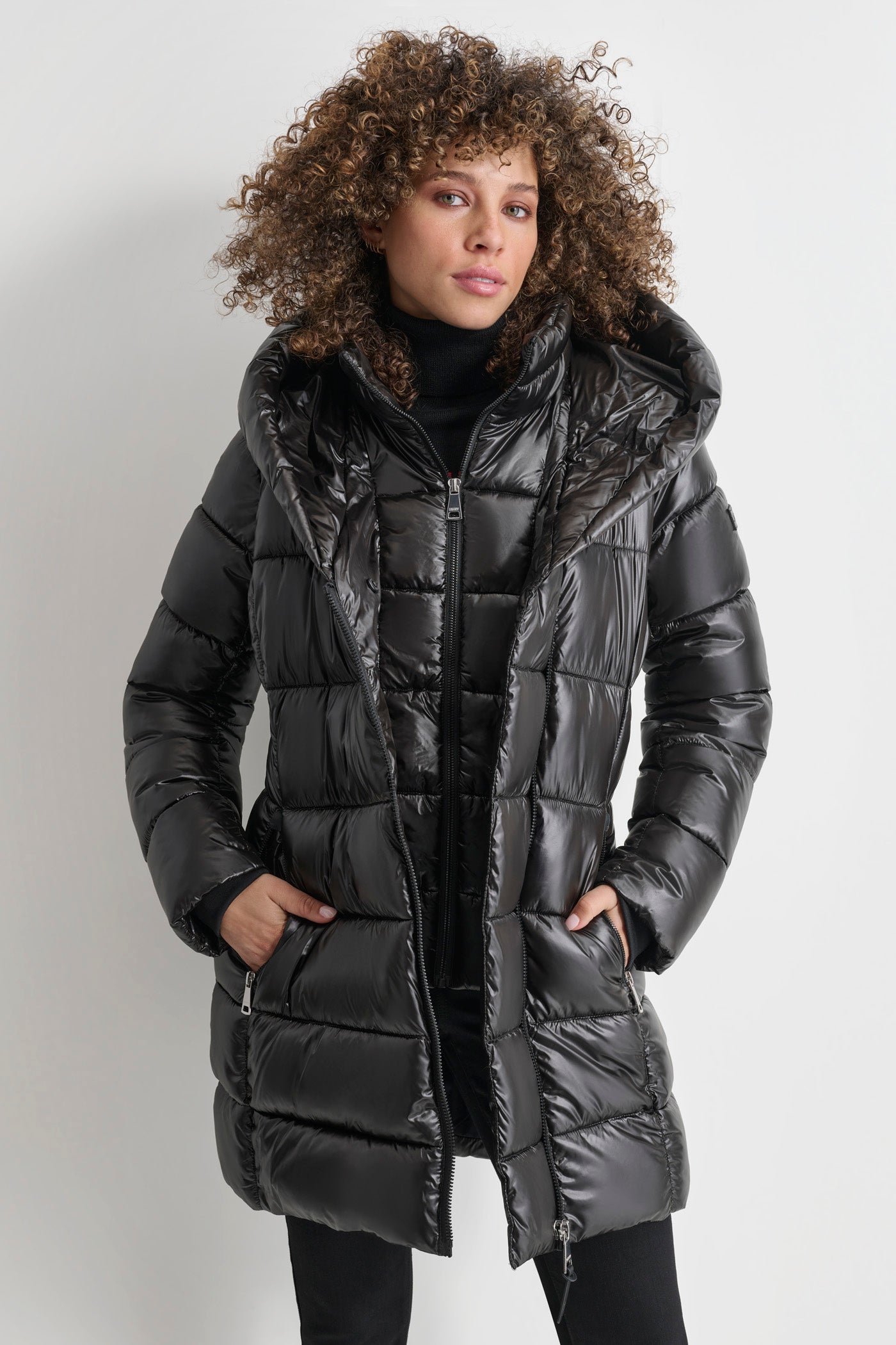 Black PEARLIZED PUFFER WITH HOOD, FRONT VIEW | All Products