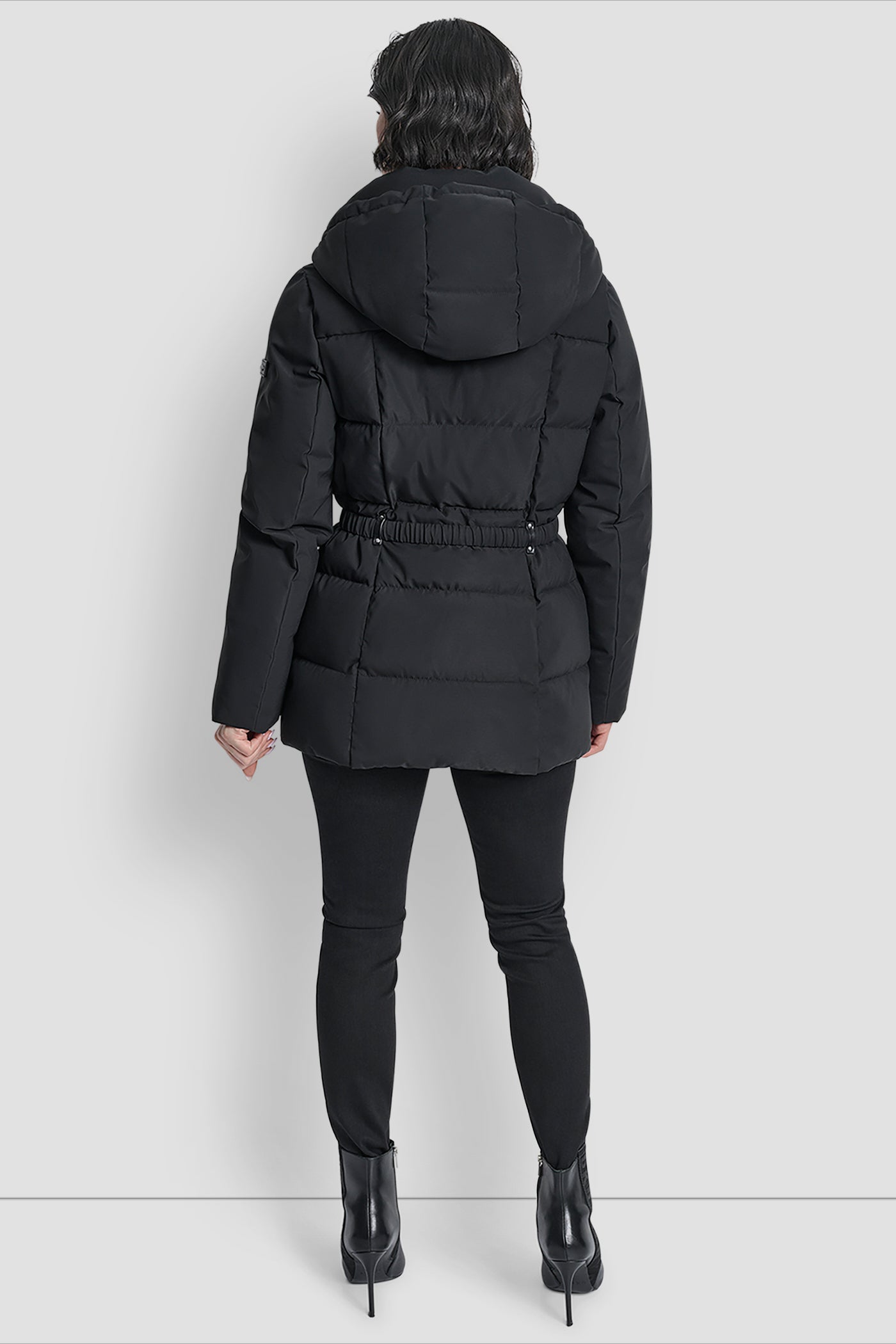 Black COTTON TOUCH PUFFER WITH HOOD AND BELT, BACK VIEW | New Arrivals