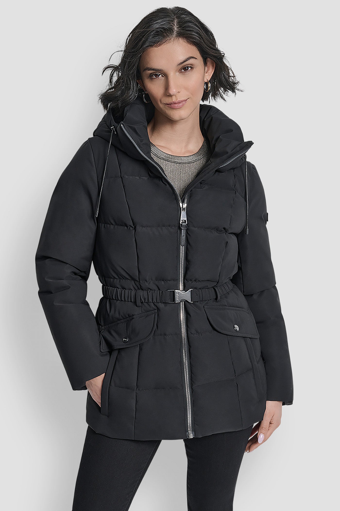 Black COTTON TOUCH PUFFER WITH HOOD AND BELT, FRONT VIEW | New Arrivals