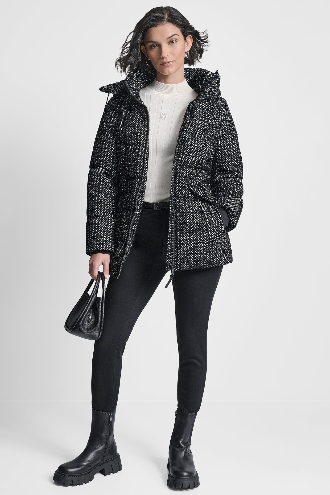 HERRINGBONE COTTON TOUCH PUFFER WITH HOOD AND BELT, VIEW 1 | Clothing