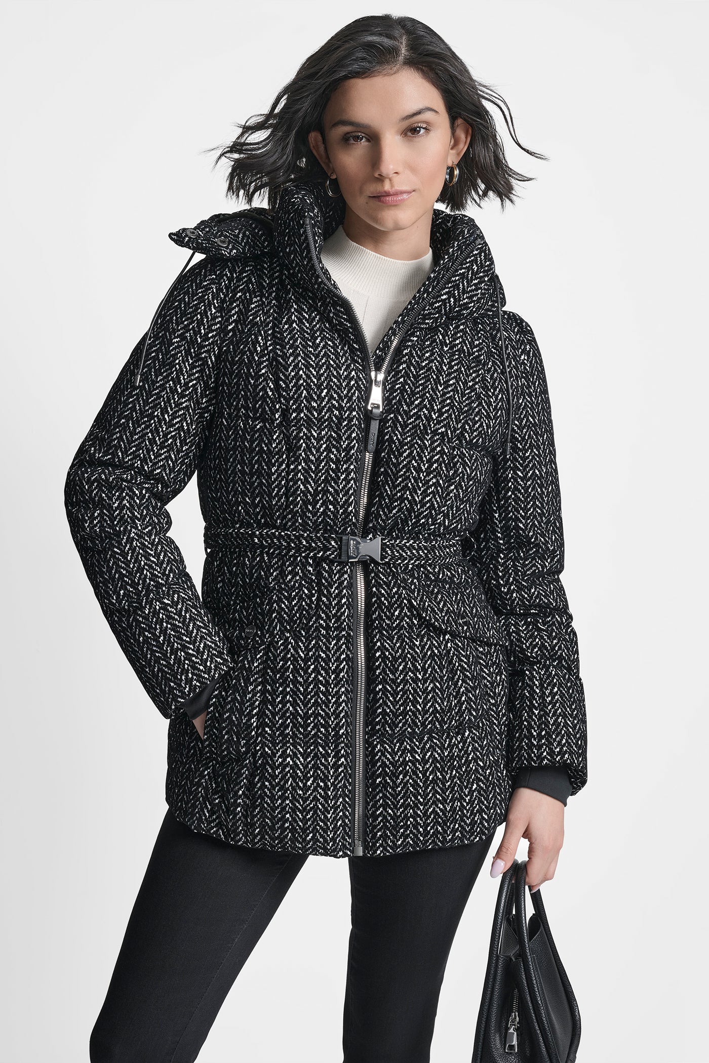 HERRINGBONE COTTON TOUCH PUFFER WITH HOOD AND BELT, VIEW 1 | WOMENS COATS & JACKETS