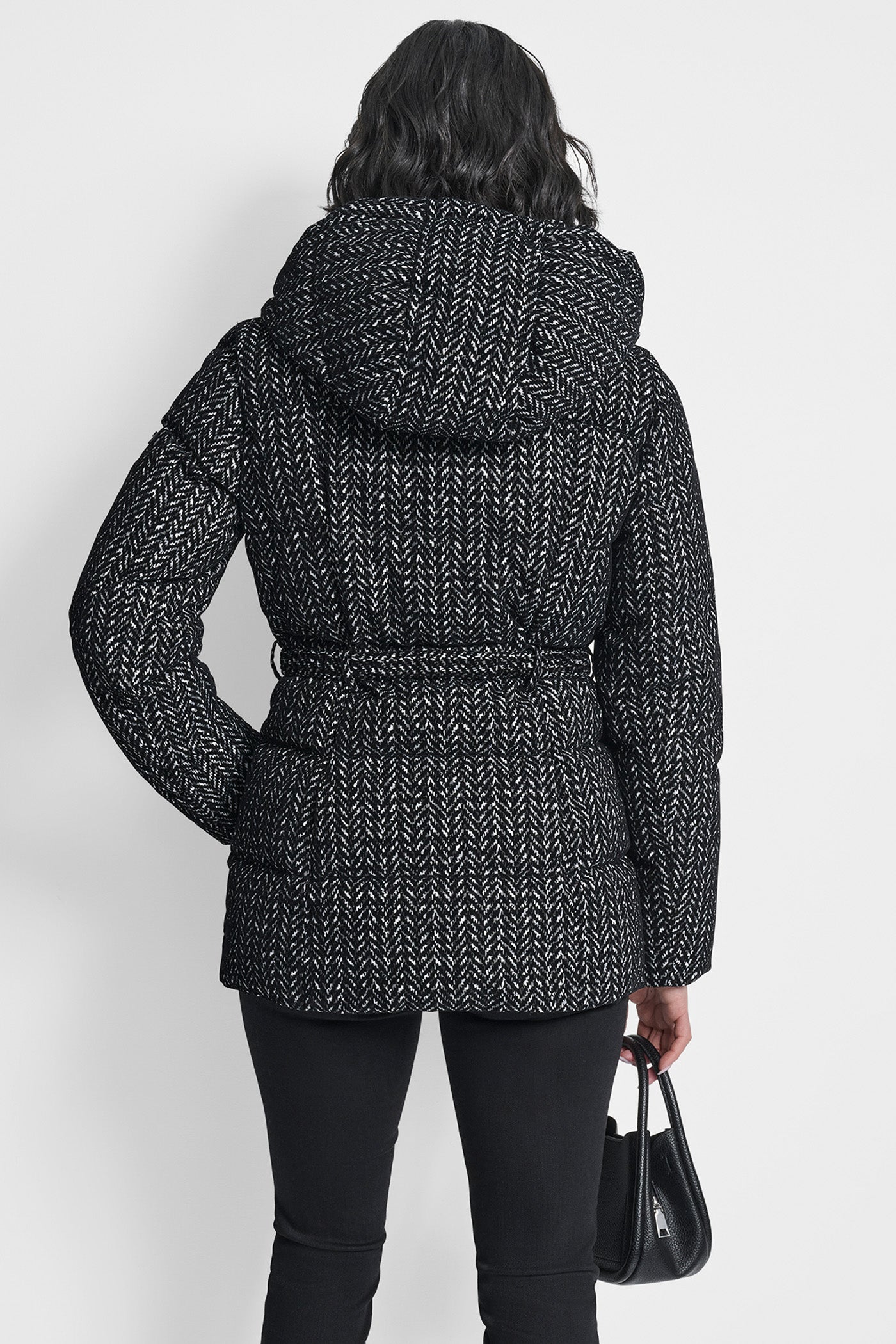 HERRINGBONE COTTON TOUCH PUFFER WITH HOOD AND BELT, VIEW 2 | WOMENS COATS & JACKETS