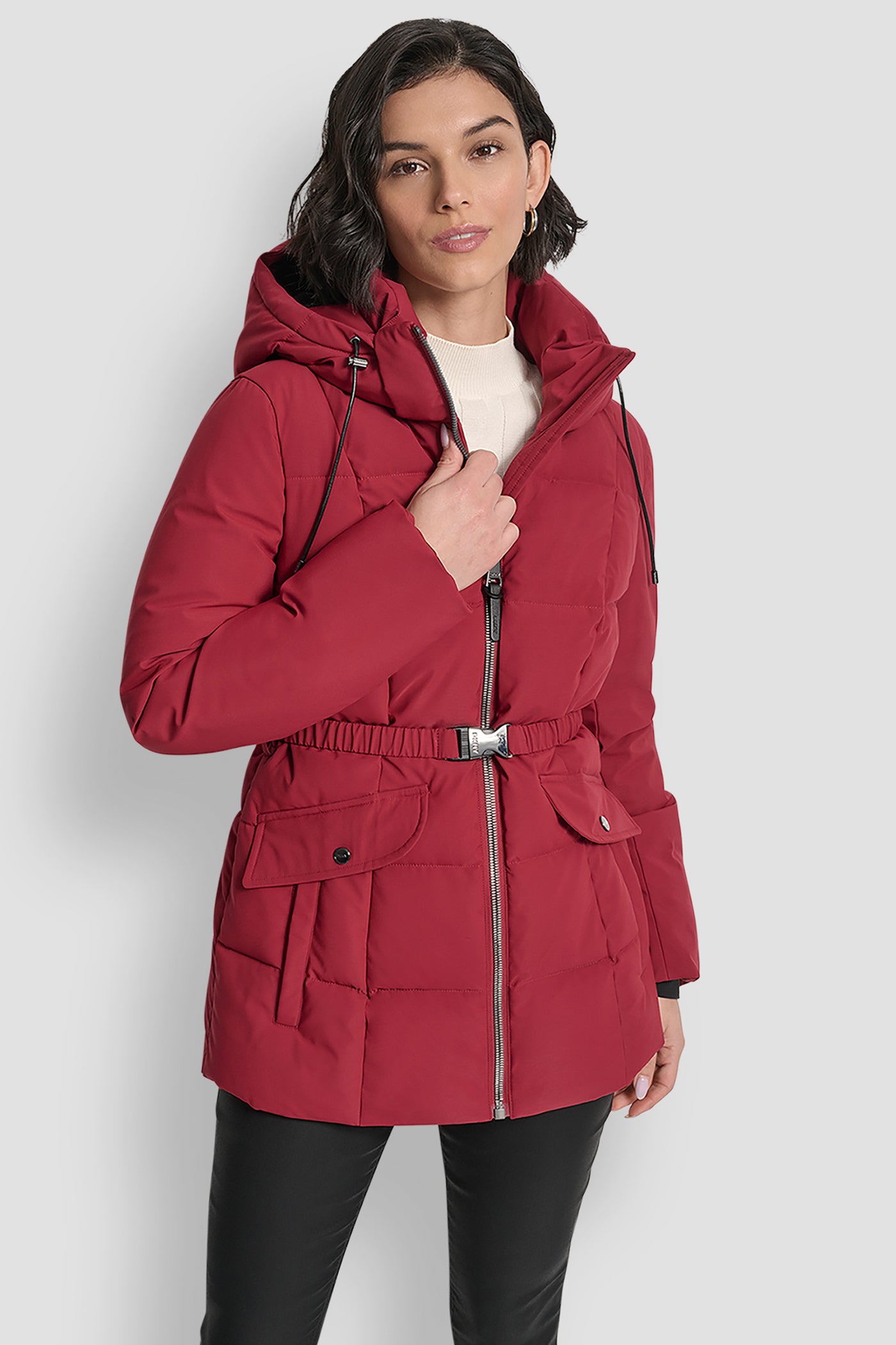 TIBETAN SHORT BELTED PUFFER JACKET, FRONT VIEW | WOMENS COATS & JACKETS