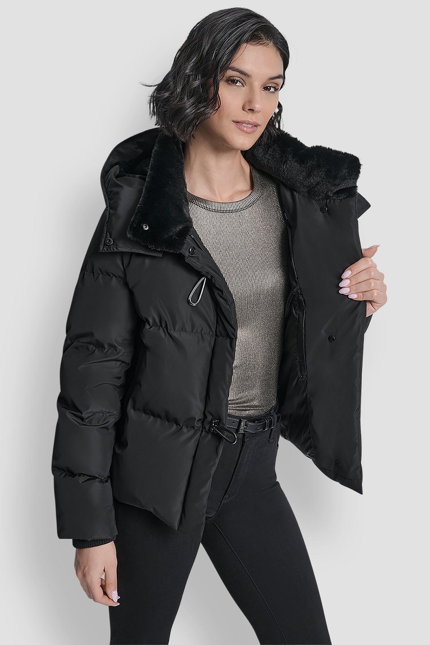 PLUSH PUFFER WITH TOGGLE AND FUR HOOD VIEW 3 | DKNY Promo