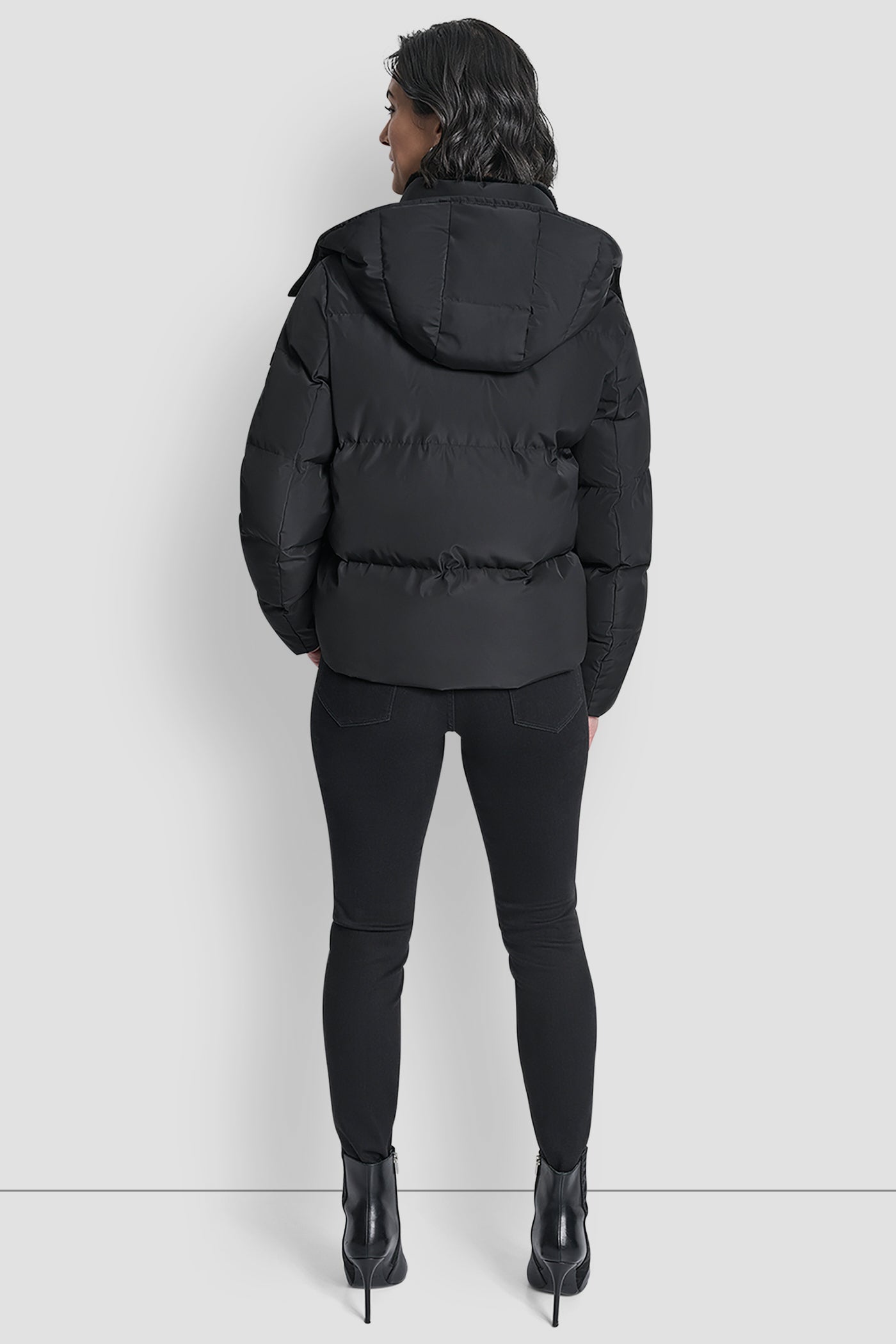Black PLUSH PUFFER WITH TOGGLE AND FUR HOOD, VIEW 2 | Cold Weather Coats