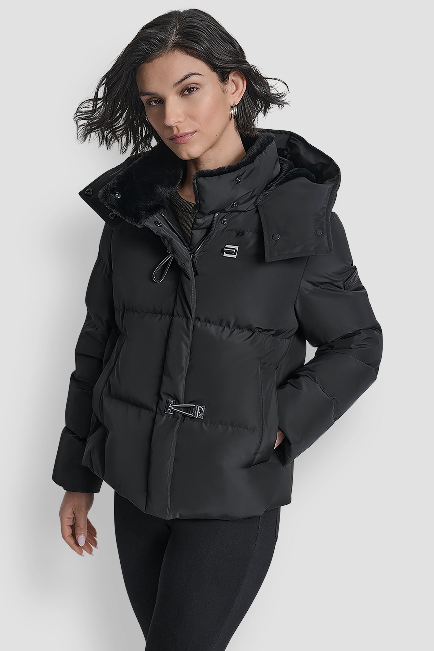 Black PLUSH PUFFER WITH TOGGLE AND FUR HOOD, VIEW 1 | Cold Weather Coats