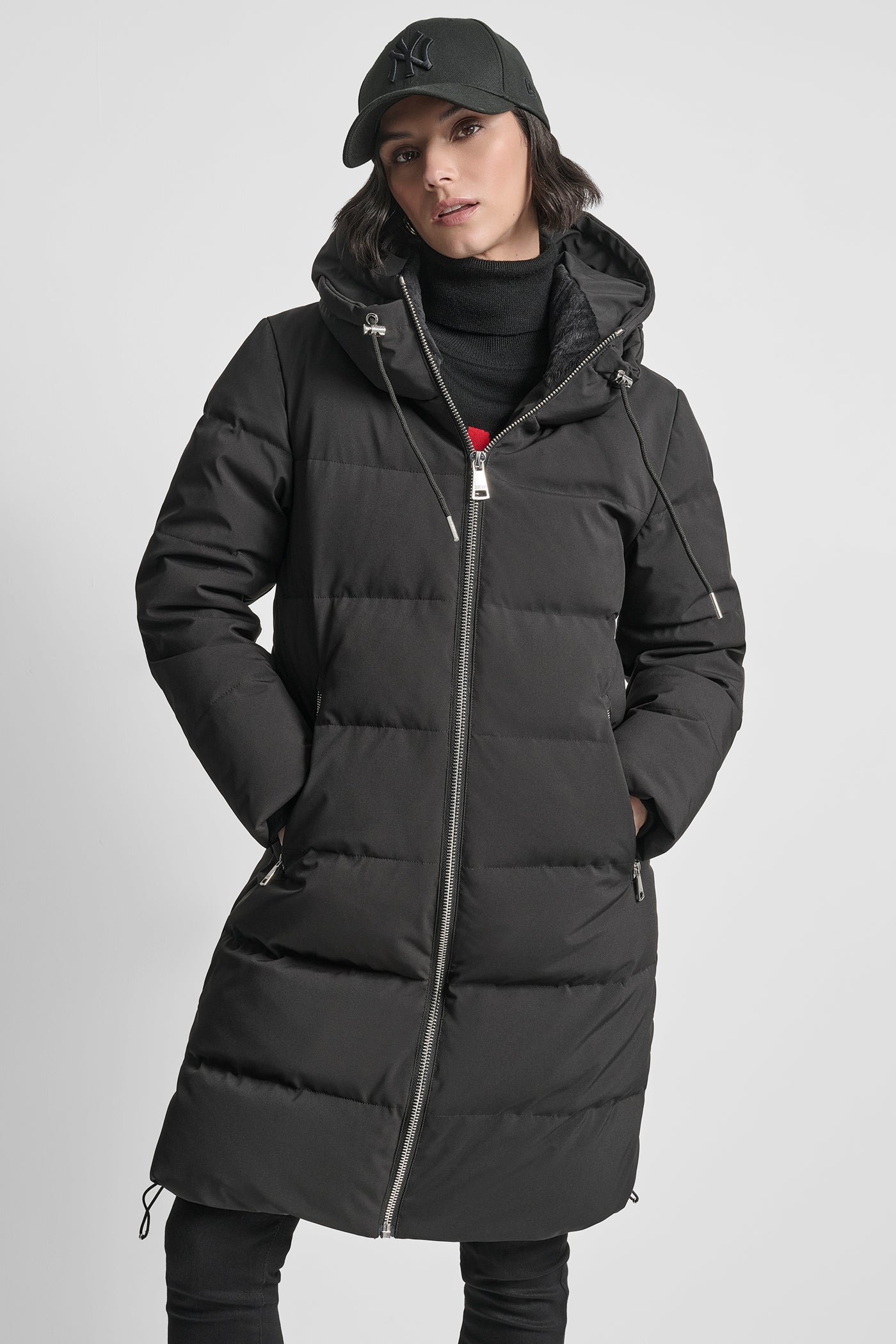 Black DOWN FILLED MAXI LENGTH PUFFER WITH HOOD, VIEW 1 | WOMENS COATS & JACKETS