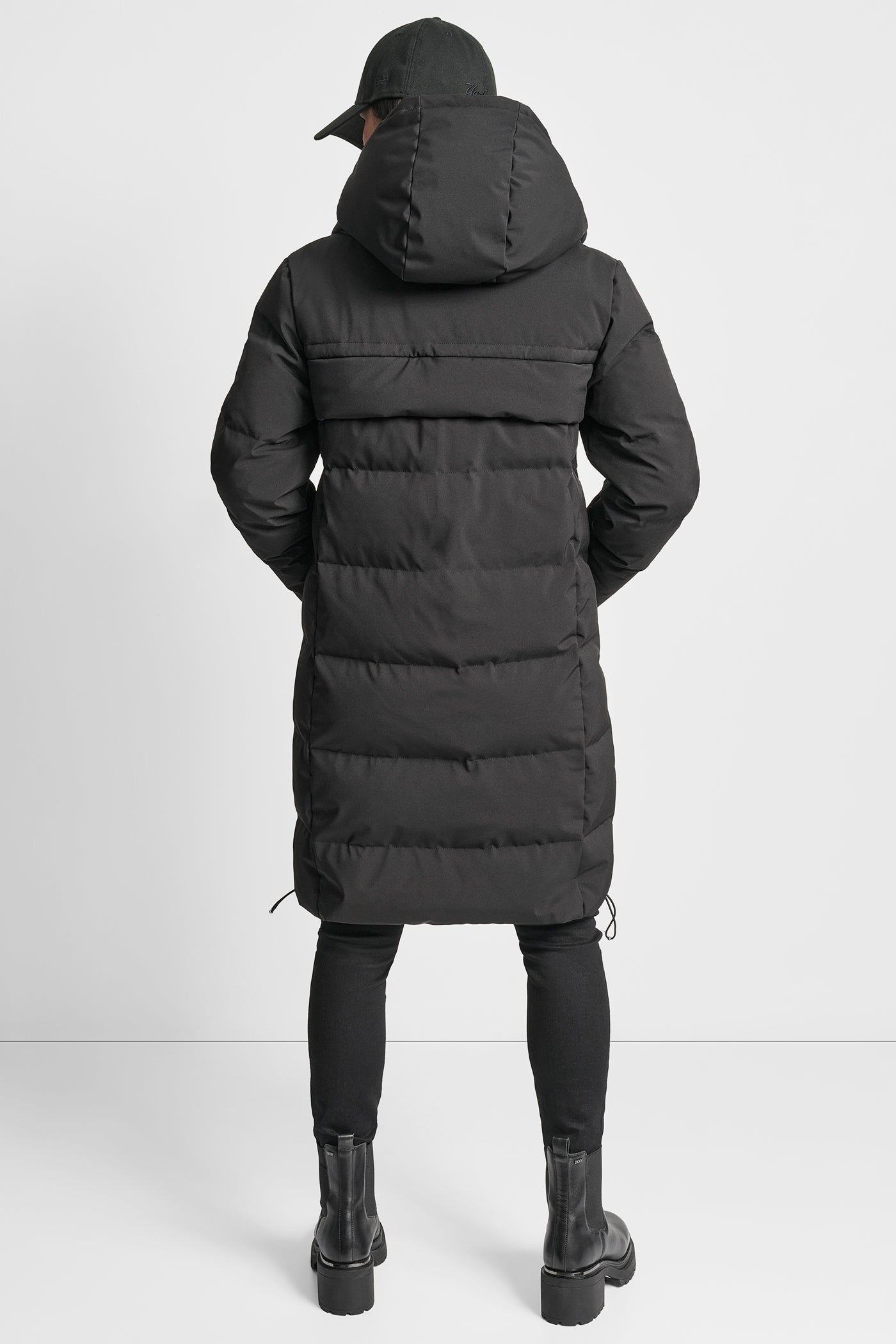 Black DOWN FILLED MAXI LENGTH PUFFER WITH HOOD, VIEW 2 | WOMENS COATS & JACKETS