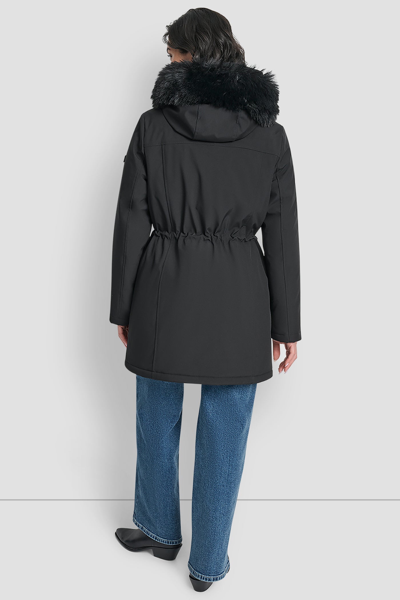 Black FAUX FUR TRIM HOODED ANONRAK WAIST COAT, BACK VIEW | Back-To-School Shop