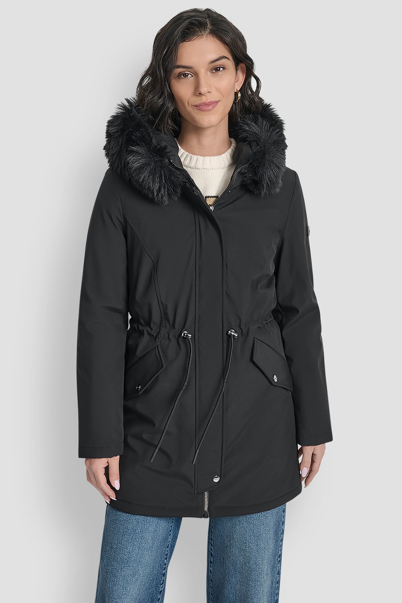Black FAUX FUR TRIM HOODED ANONRAK WAIST COAT, FRONT VIEW | Back-To-School Shop