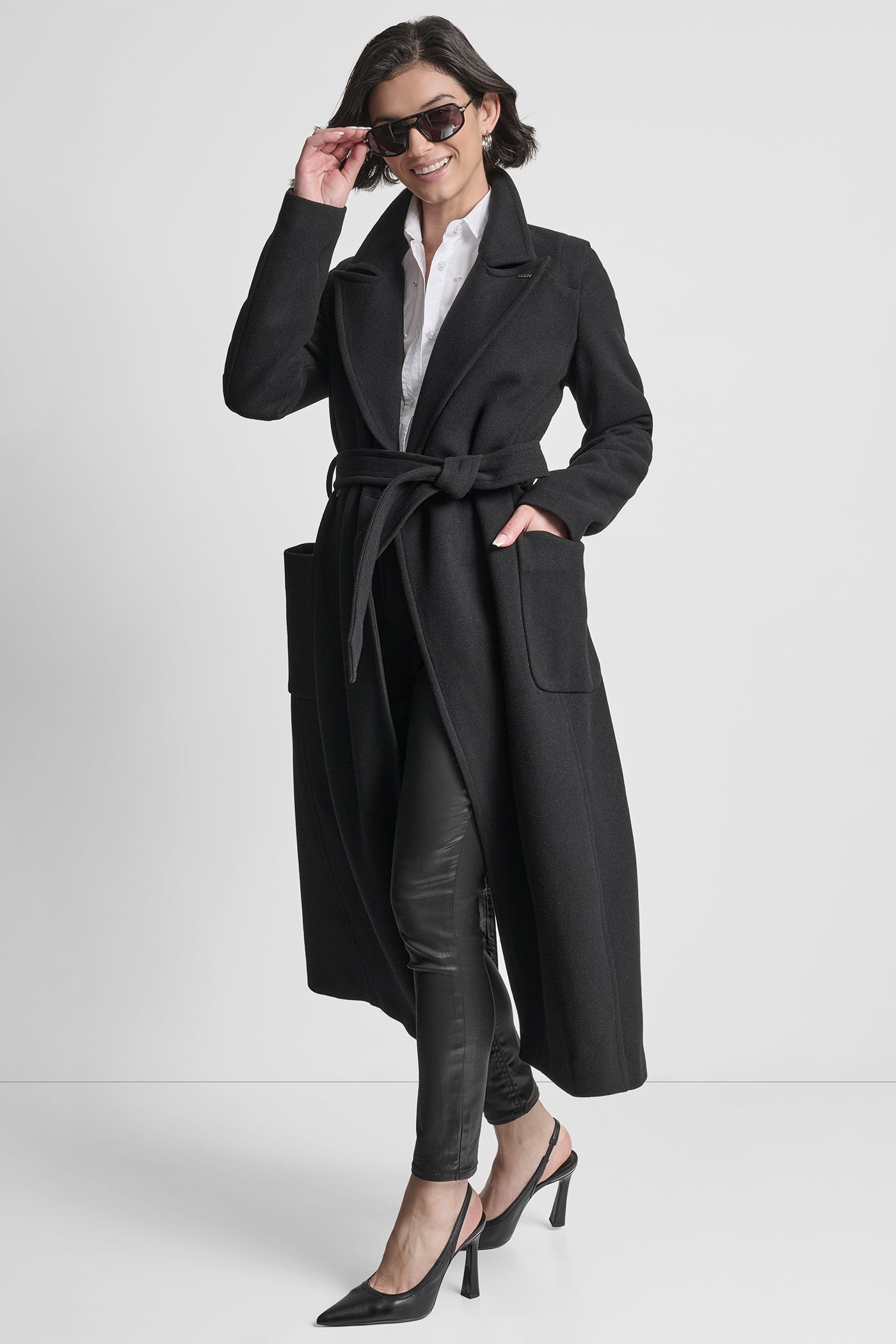 LONG WOOL TAILORED TIE WAIST COAT VIEW 8 | DKNY Promo